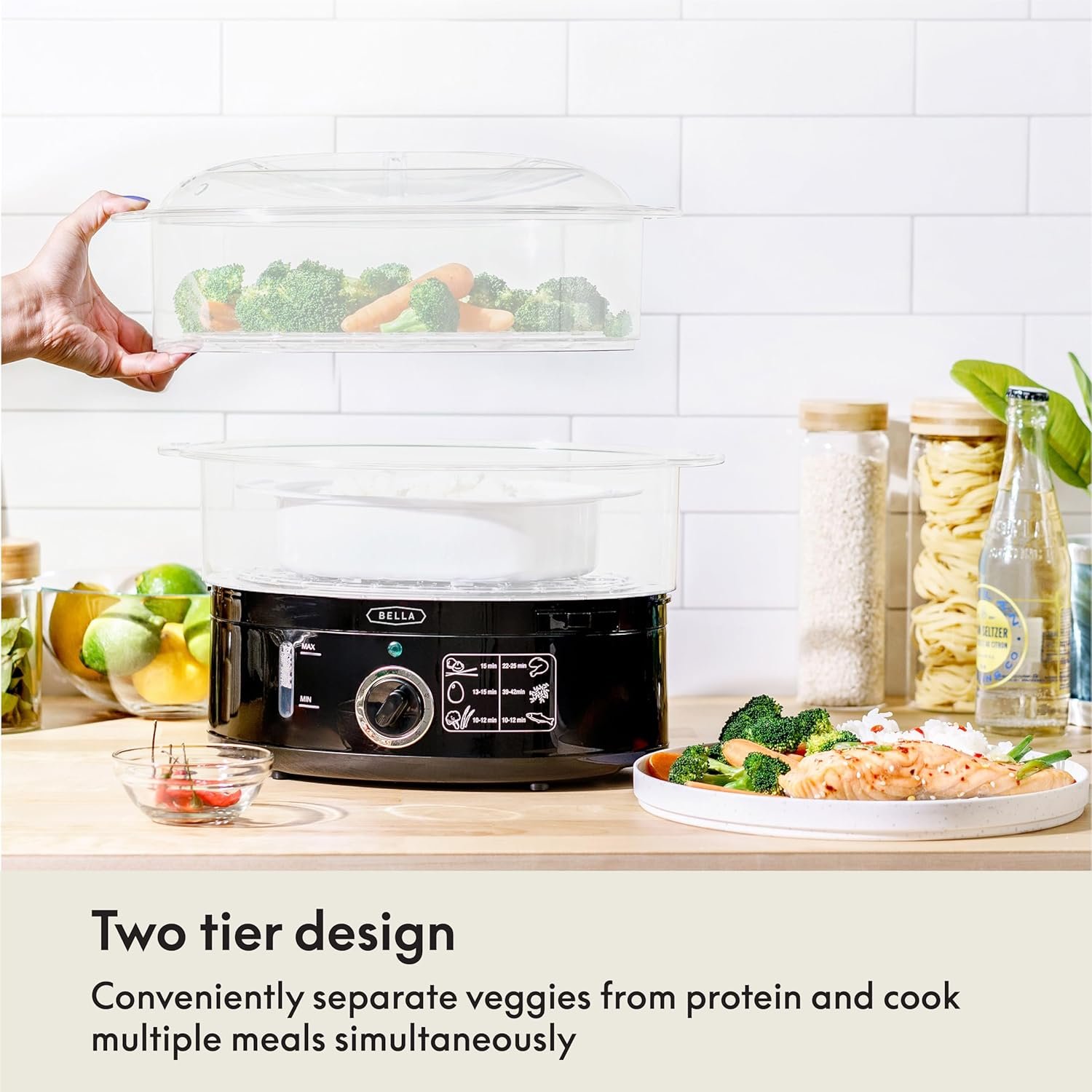 BELLA Two Tier Food Steamer with Dishwasher Safe Lids and Stackable Baskets & Removable Base for Fast Simultaneous Cooking - Auto Shutoff & Boil Dry Protection, Stainless Steel, 7.4 QT, Black 6 BELLA Two Tier Food Steamer with Dishwasher Safe Lids and Stackable Baskets & Removable Base for Fast Simultaneous Cooking - Auto Shutoff & Boil Dry Protection, Stainless Steel, 7.4 QT, Black - Image 6