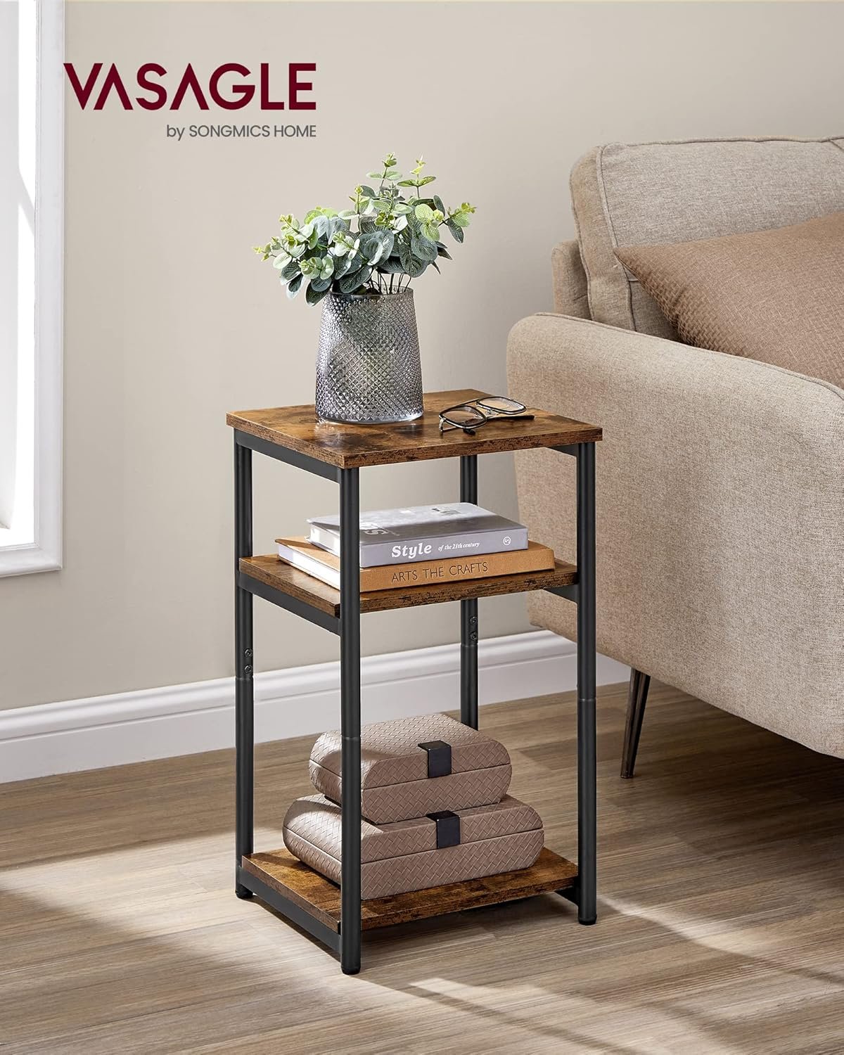 VASAGLE Side Table, Small End Table, Tall Nightstand for Living Room, Bedroom, Office, Bathroom, Rustic Brown and Classic Black ULET273B01 2 VASAGLE Side Table, Small End Table, Tall Nightstand for Living Room, Bedroom, Office, Bathroom, Rustic Brown and Classic Black ULET273B01 - Image 2