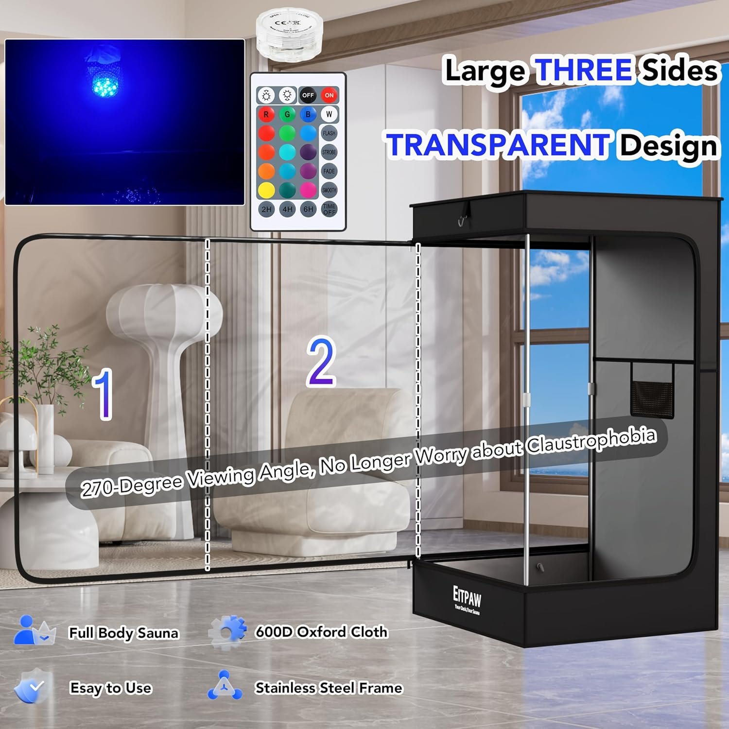 Eitpaw Sauna Box, Transparent Steam Sauna for Home Personal Use, RGB LED Light, 2.6L & 1000W Steamer, Widen Foldable Chair, 2.95’ x 2.95’ x 5.25’, Transparent Black 2 Eitpaw Sauna Box, Transparent Steam Sauna for Home Personal Use, RGB LED Light, 2.6L & 1000W Steamer, Widen Foldable Chair, 2.95’ x 2.95’ x 5.25’, Transparent Black - Image 2
