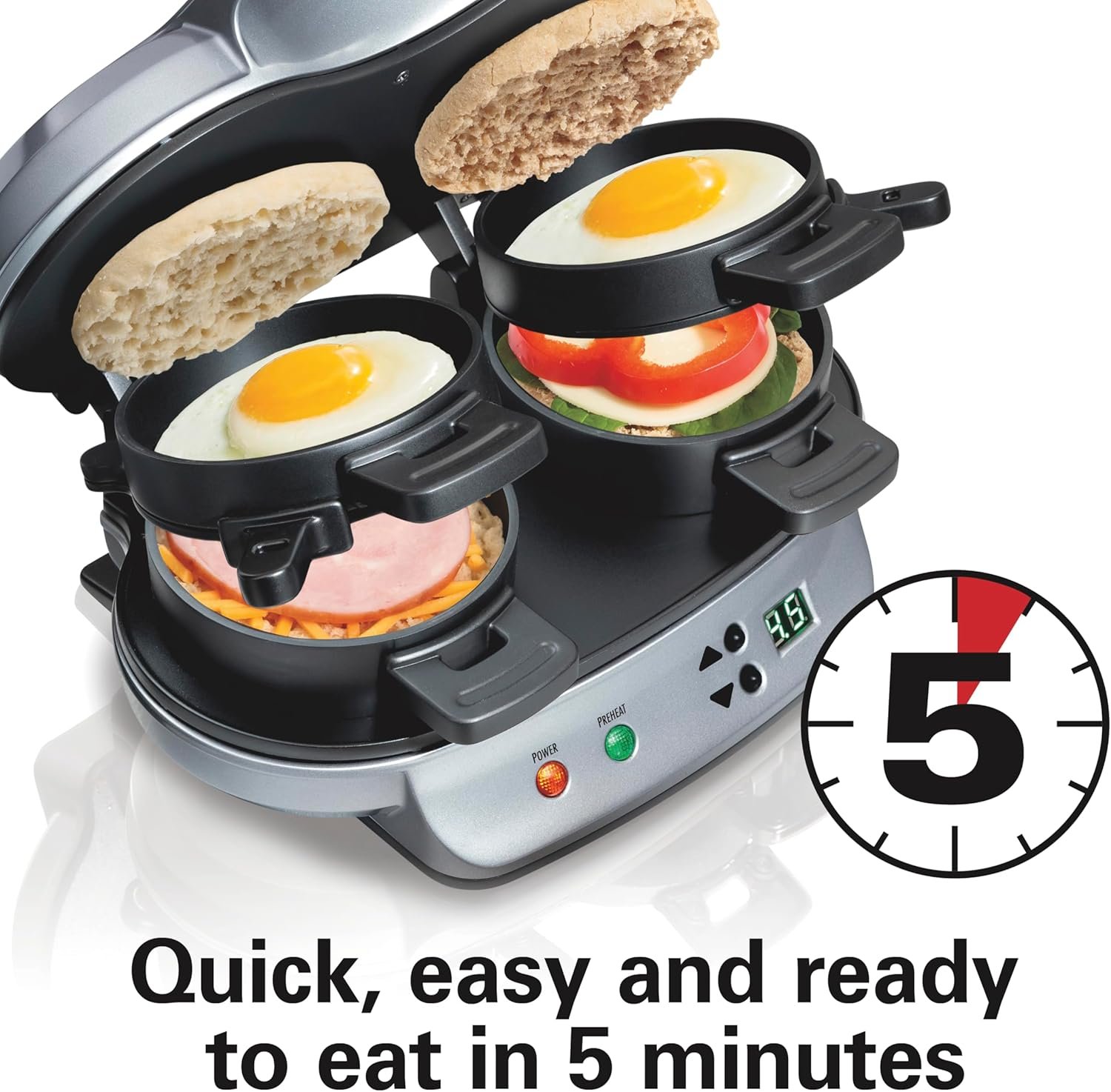 Hamilton Beach Dual Breakfast Sandwich Maker with Timer, Silver (25490A) 3 Hamilton Beach Dual Breakfast Sandwich Maker with Timer, Silver (25490A) - Image 3