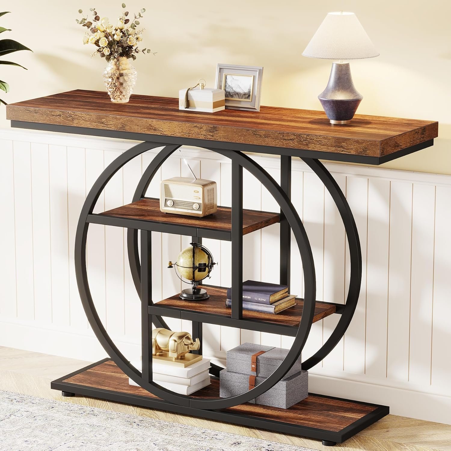 Tribesigns 41.3" Console Table, Industrial 4-Tier Sofa Table Entryway Table with Circle Base, Narrow Wood Accent Tables with Storage Shelves for Living Room, Hallway, Foyer, Rustic Brown 3 Tribesigns 41.3" Console Table, Industrial 4-Tier Sofa Table Entryway Table with Circle Base, Narrow Wood Accent Tables with Storage Shelves for Living Room, Hallway, Foyer, Rustic Brown - Image 3