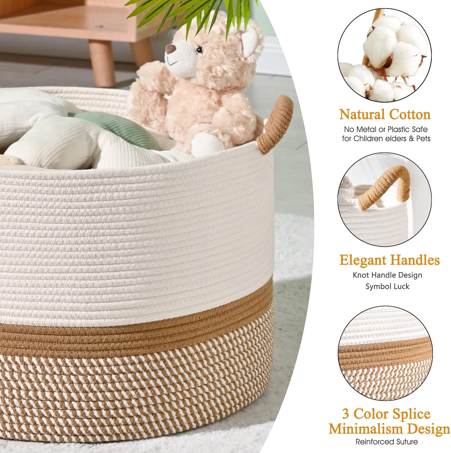 KAKAMAY Large Blanket Basket (20"x13"),Woven Baskets for storage Baby Laundry Hamper, Cotton Rope Blanket Basket for Living Room, Laundry, Nursery, Pillows, Baby Toy chest (White/Brown) 6 KAKAMAY Large Blanket Basket (20"x13"),Woven Baskets for storage Baby Laundry Hamper, Cotton Rope Blanket Basket for Living Room, Laundry, Nursery, Pillows, Baby Toy chest (White/Brown) - Image 6