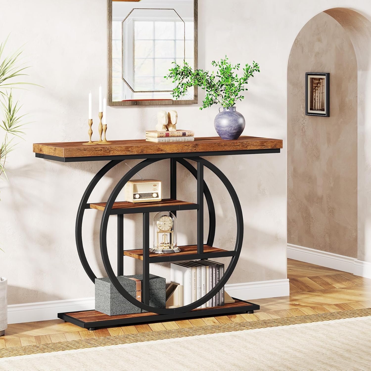Tribesigns 41.3" Console Table, Industrial 4-Tier Sofa Table Entryway Table with Circle Base, Narrow Wood Accent Tables with Storage Shelves for Living Room, Hallway, Foyer, Rustic Brown 4 Tribesigns 41.3" Console Table, Industrial 4-Tier Sofa Table Entryway Table with Circle Base, Narrow Wood Accent Tables with Storage Shelves for Living Room, Hallway, Foyer, Rustic Brown - Image 4