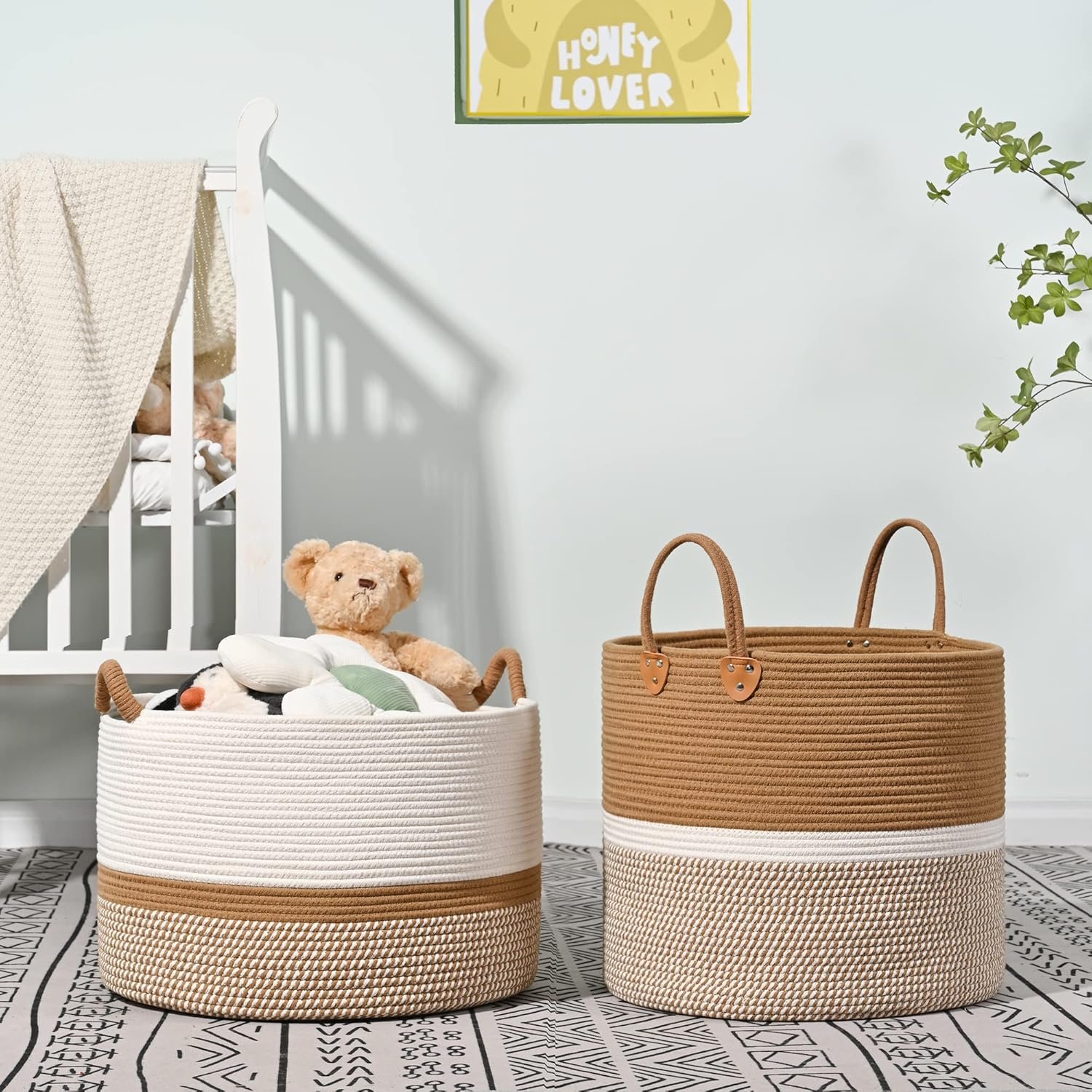 KAKAMAY Large Blanket Basket (20"x13"),Woven Baskets for storage Baby Laundry Hamper, Cotton Rope Blanket Basket for Living Room, Laundry, Nursery, Pillows, Baby Toy chest (White/Brown) 7 KAKAMAY Large Blanket Basket (20"x13"),Woven Baskets for storage Baby Laundry Hamper, Cotton Rope Blanket Basket for Living Room, Laundry, Nursery, Pillows, Baby Toy chest (White/Brown) - Image 7
