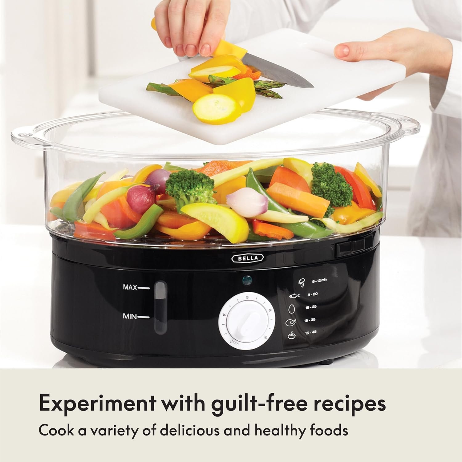 BELLA Two Tier Food Steamer with Dishwasher Safe Lids and Stackable Baskets & Removable Base for Fast Simultaneous Cooking - Auto Shutoff & Boil Dry Protection, Stainless Steel, 7.4 QT, Black 4 BELLA Two Tier Food Steamer with Dishwasher Safe Lids and Stackable Baskets & Removable Base for Fast Simultaneous Cooking - Auto Shutoff & Boil Dry Protection, Stainless Steel, 7.4 QT, Black - Image 4