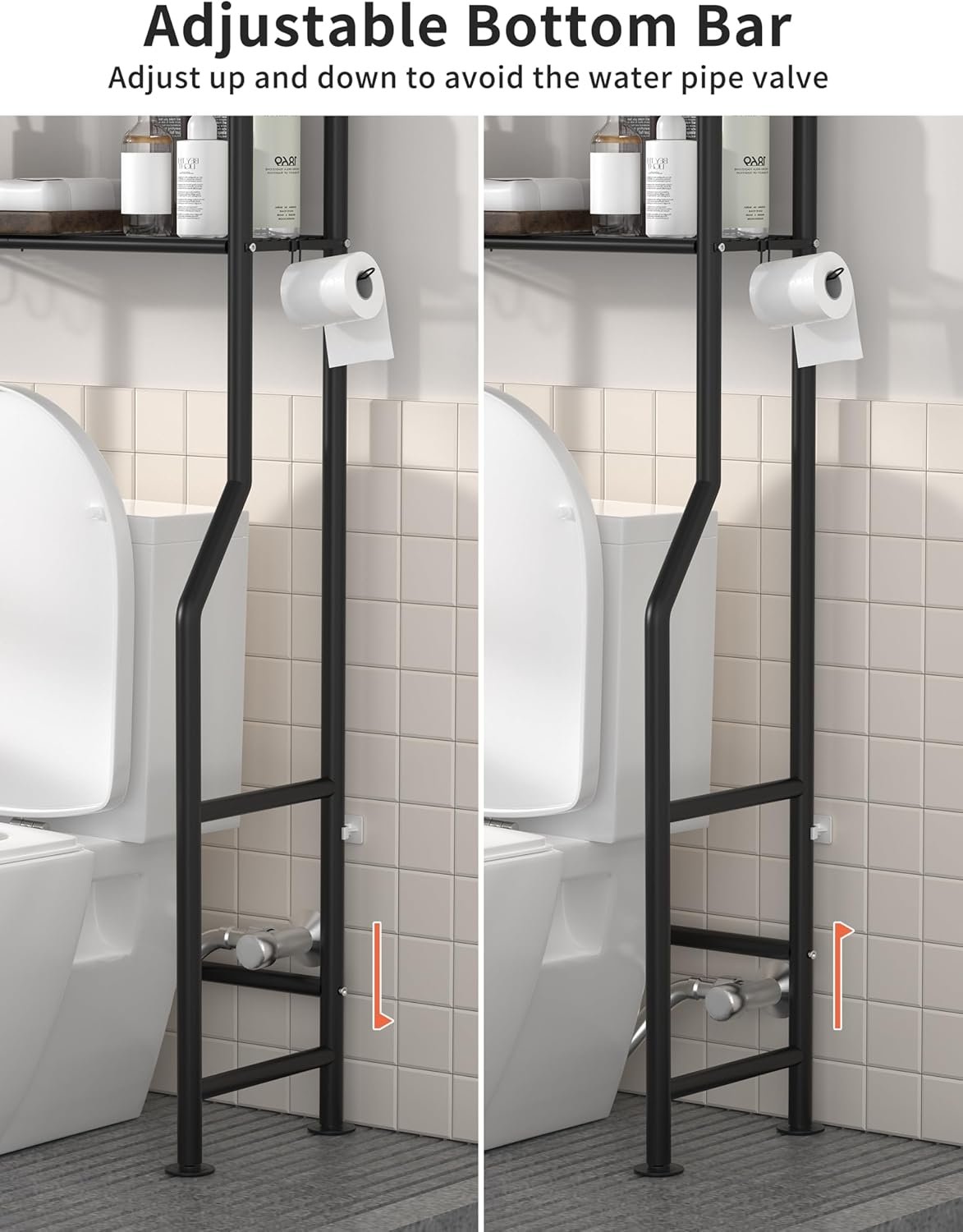 3-Tier Over The Toilet Storage, Freestanding Metal Bathroom Shelves with 4 Hooks, Over Toilet Storage Shelf with Paper Holder, Above The Toilet Shelf for Bathroom Storage, Black 4 3-Tier Over The Toilet Storage, Freestanding Metal Bathroom Shelves with 4 Hooks, Over Toilet Storage Shelf with Paper Holder, Above The Toilet Shelf for Bathroom Storage, Black - Image 4