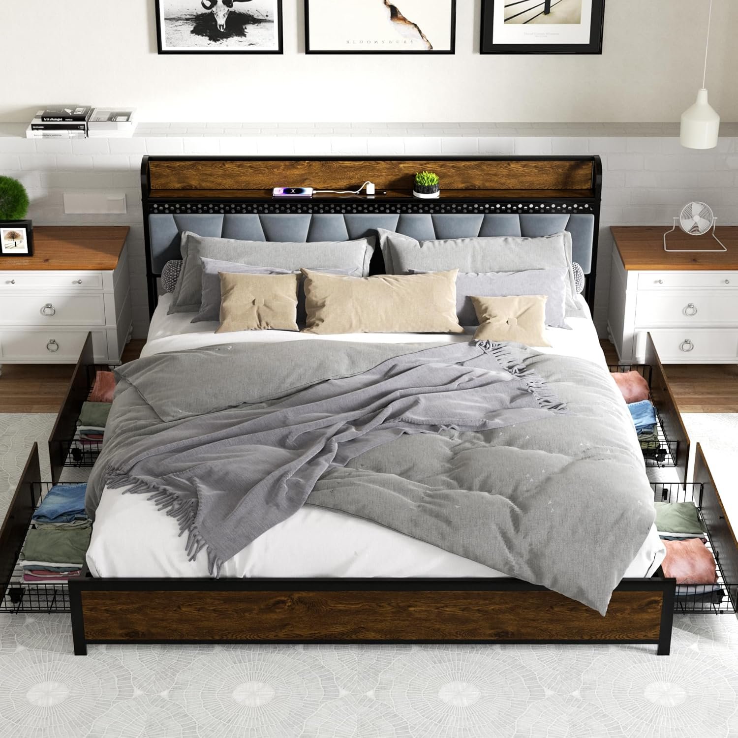 Queen Bed Frame with Storage Headboard, Metal Platform Size Bed Frame with 4 Storage Drawers and Charging Station & LED, Metal Support, Noise-Free, No Box Spring Needed, Easy to Assemble