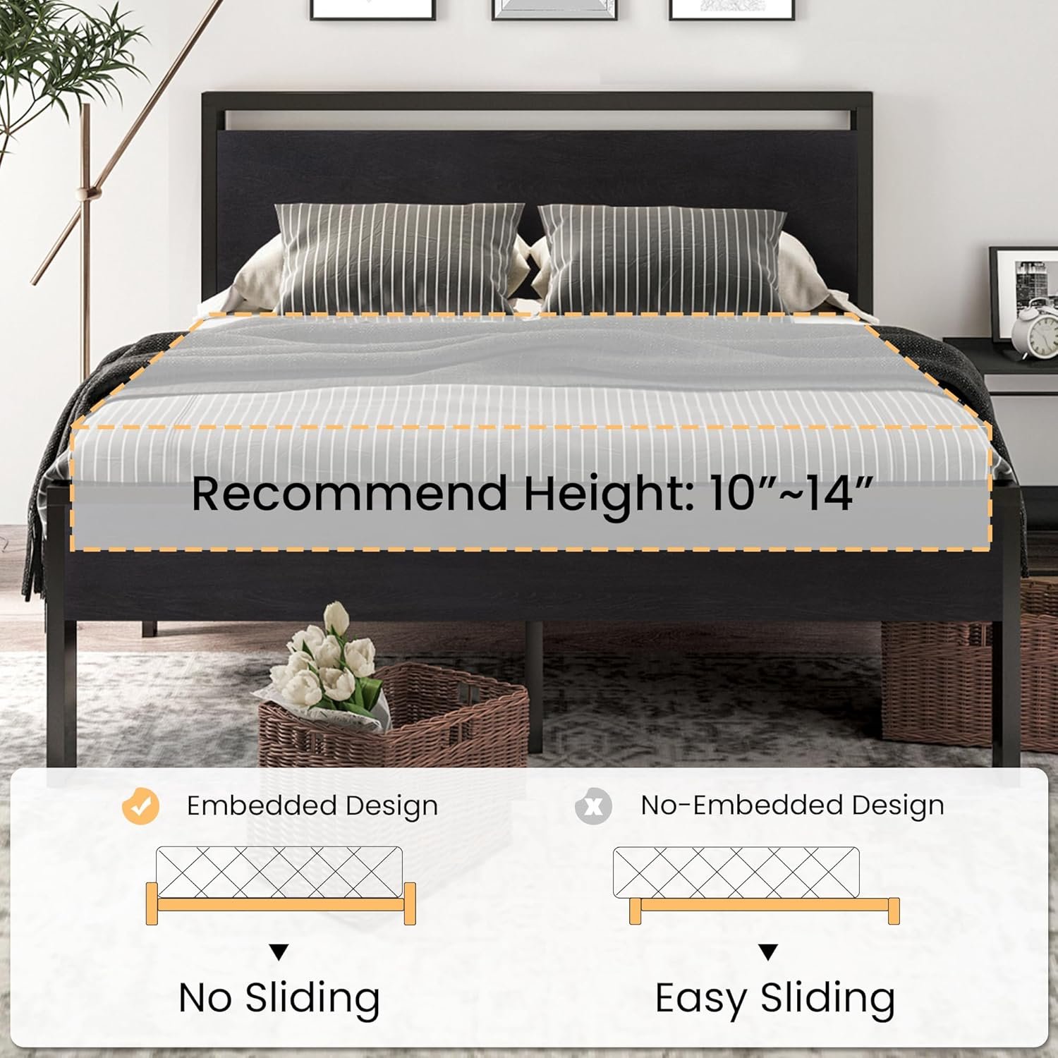 SHA CERLIN 14 Inch Full Size Metal Platform Bed Frame with Wooden Headboard and Footboard, Mattress Foundation, No Box Spring Needed, Large Under Bed Storage, Non-Slip Without Noise, Black Oak 7 SHA CERLIN 14 Inch Full Size Metal Platform Bed Frame with Wooden Headboard and Footboard, Mattress Foundation, No Box Spring Needed, Large Under Bed Storage, Non-Slip Without Noise, Black Oak - Image 7