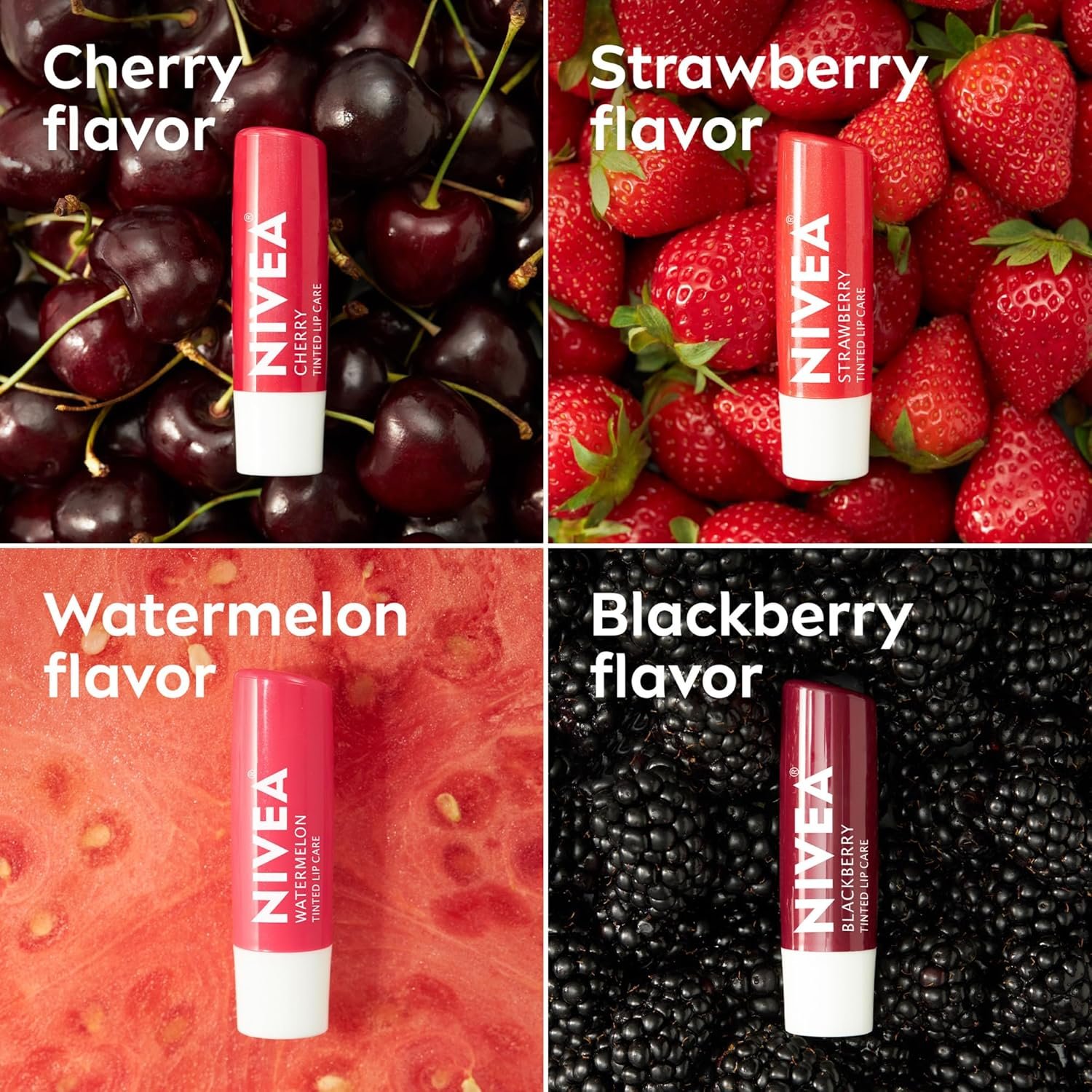 NIVEA Lip Care, Fruity Tinted Lip Balm Variety Pack, Cherry, Strawberry, Blackberry and Watermelon Flavors, 3-in-1 Moisture, Repair and Color, 0.17 Oz Stick, Pack of 4 5 NIVEA Lip Care, Fruity Tinted Lip Balm Variety Pack, Cherry, Strawberry, Blackberry and Watermelon Flavors, 3-in-1 Moisture, Repair and Color, 0.17 Oz Stick, Pack of 4 - Image 5