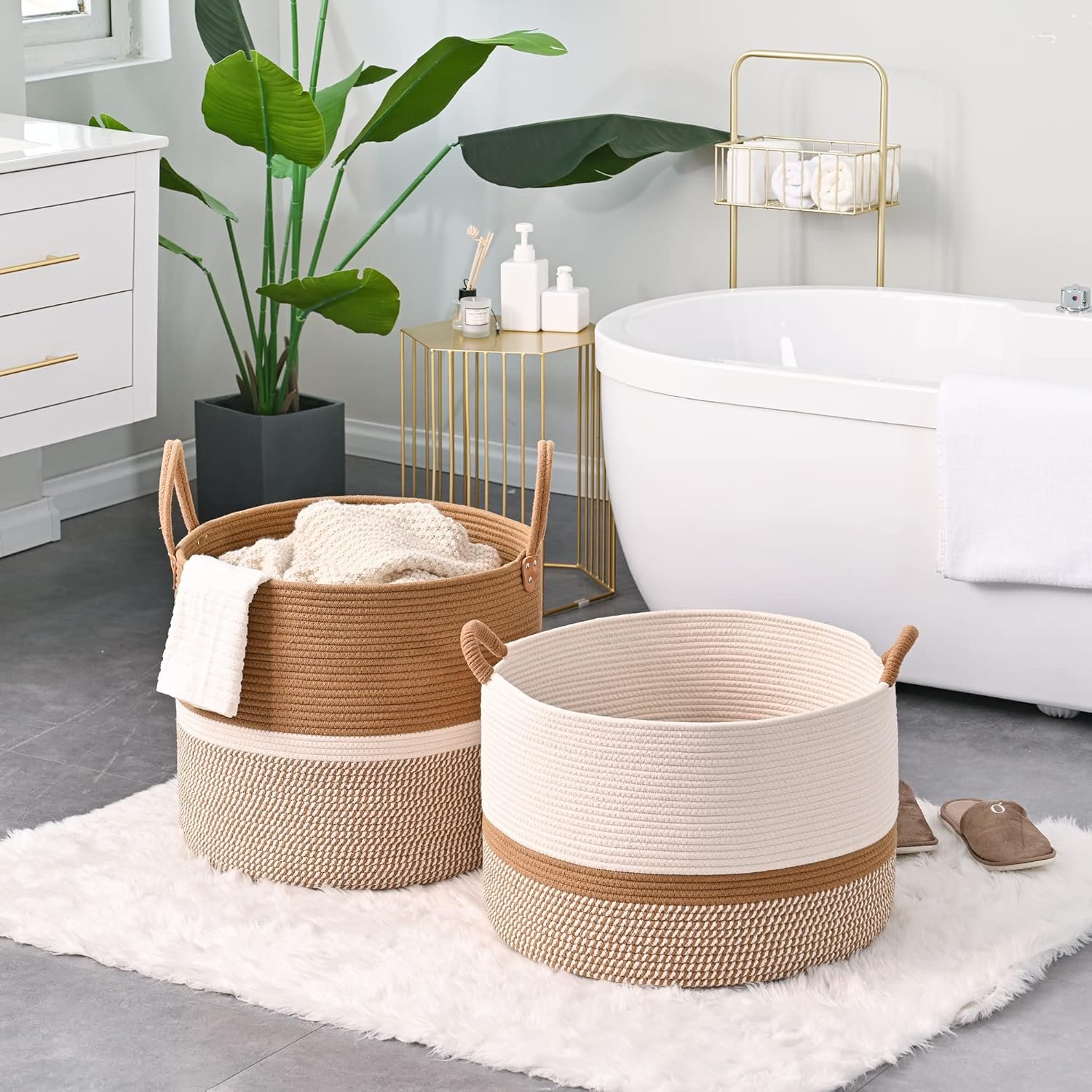 KAKAMAY Large Blanket Basket (20"x13"),Woven Baskets for storage Baby Laundry Hamper, Cotton Rope Blanket Basket for Living Room, Laundry, Nursery, Pillows, Baby Toy chest (White/Brown) 5 KAKAMAY Large Blanket Basket (20"x13"),Woven Baskets for storage Baby Laundry Hamper, Cotton Rope Blanket Basket for Living Room, Laundry, Nursery, Pillows, Baby Toy chest (White/Brown) - Image 5