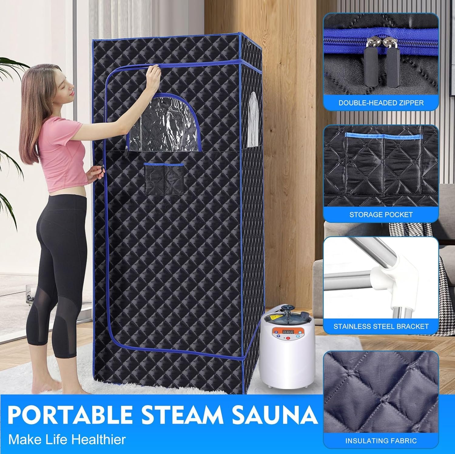 Portable Sauna Box,Steam Sauna Tent for Home Spa,Large Space Personal Home Sauna Tent Full Body with 3 L 1100 w Steamer,Chair,Foot Massager,Remote Control Included (Black) 4 Portable Sauna Box,Steam Sauna Tent for Home Spa,Large Space Personal Home Sauna Tent Full Body with 3 L 1100 w Steamer,Chair,Foot Massager,Remote Control Included (Black) - Image 4
