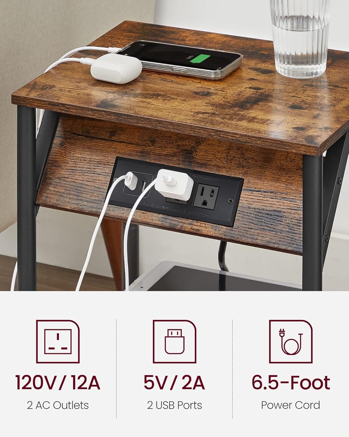 VASAGLE End Table with Charging Station, Set of 2, Small Side Tables for Living Room, Bedroom, Nightstand with Outlets and USB Ports, Bedside Table with Storage Shelf, Rustic Brown and Black 4 VASAGLE End Table with Charging Station, Set of 2, Small Side Tables for Living Room, Bedroom, Nightstand with Outlets and USB Ports, Bedside Table with Storage Shelf, Rustic Brown and Black - Image 4