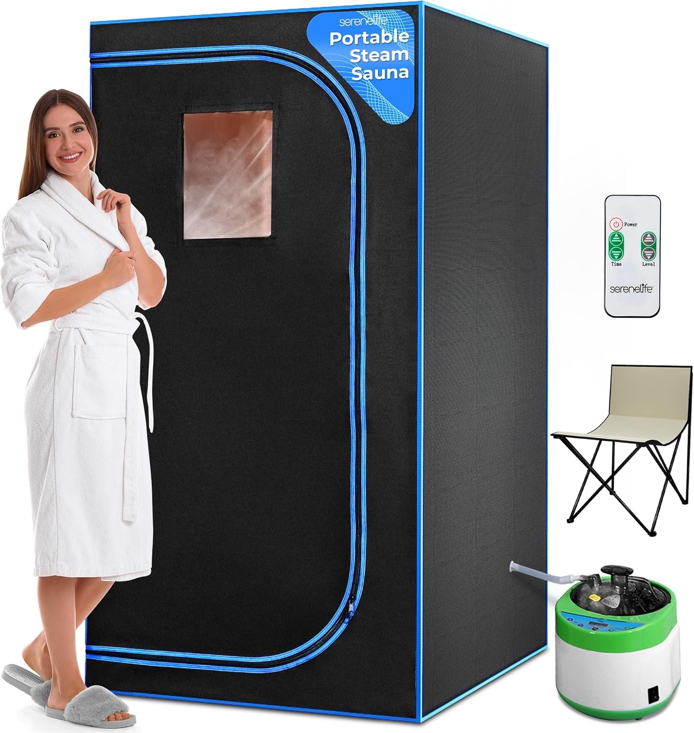 SereneLife Portable Sauna for Home, Steam Sauna Tent with 4L Steamer, Folding Sauna Chair, Compact Personal Detox Sauna, Remote Control in-Home Spa, 71" x 35" - inch (Black)