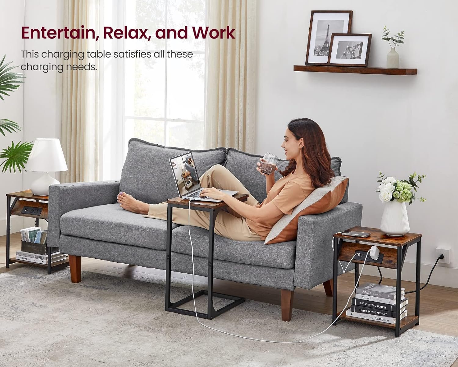 VASAGLE End Table with Charging Station, Set of 2, Small Side Tables for Living Room, Bedroom, Nightstand with Outlets and USB Ports, Bedside Table with Storage Shelf, Rustic Brown and Black 3 VASAGLE End Table with Charging Station, Set of 2, Small Side Tables for Living Room, Bedroom, Nightstand with Outlets and USB Ports, Bedside Table with Storage Shelf, Rustic Brown and Black - Image 3