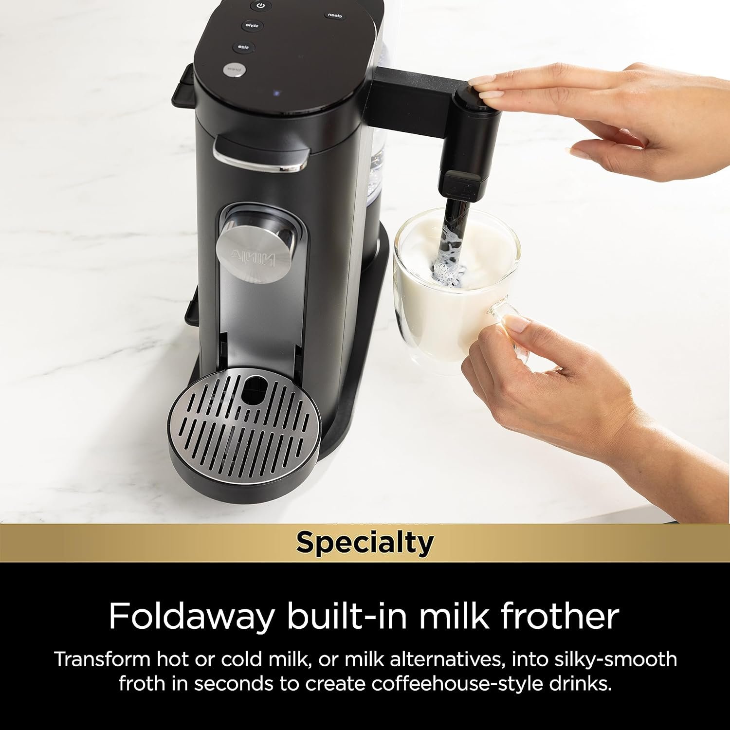 Ninja Pod & Grounds Specialty Single-Serve Coffee Maker, K-Cup Pod Compatible, Brews Grounds, Compact Design, Built-In Milk Frother, 56-oz. Reservoir, 6-oz. Cup to 24-oz. Mug Sizes, Black, PB051 4 Ninja Pod & Grounds Specialty Single-Serve Coffee Maker, K-Cup Pod Compatible, Brews Grounds, Compact Design, Built-In Milk Frother, 56-oz. Reservoir, 6-oz. Cup to 24-oz. Mug Sizes, Black, PB051 - Image 4