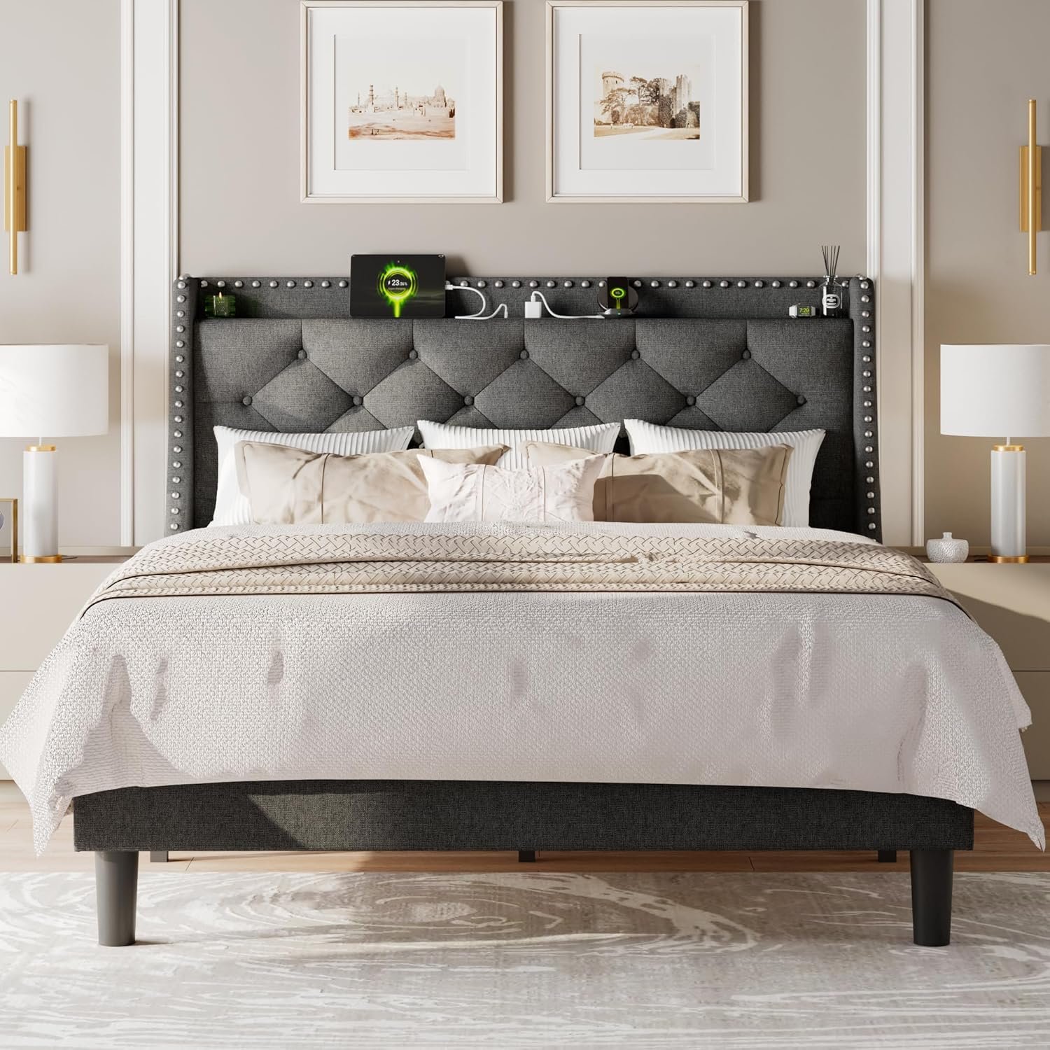 Feonase Full Size Bed Frame with Luxury Wingback and Fast Charging Station,Full Upholstered Button Tufted Storage Headboard Platform Bed,Sturdy Wooden Slats Support,Noise-Free, Easy Assembly,Dark Gray 7 Feonase Full Size Bed Frame with Luxury Wingback and Fast Charging Station,Full Upholstered Button Tufted Storage Headboard Platform Bed,Sturdy Wooden Slats Support,Noise-Free, Easy Assembly,Dark Gray - Image 7