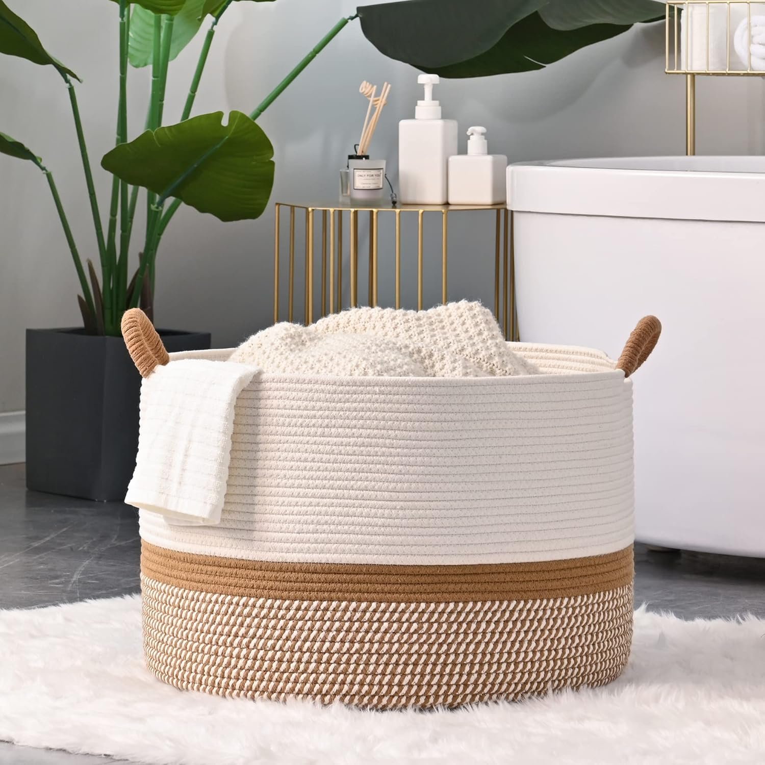 KAKAMAY Large Blanket Basket (20"x13"),Woven Baskets for storage Baby Laundry Hamper, Cotton Rope Blanket Basket for Living Room, Laundry, Nursery, Pillows, Baby Toy chest (White/Brown) 8 KAKAMAY Large Blanket Basket (20"x13"),Woven Baskets for storage Baby Laundry Hamper, Cotton Rope Blanket Basket for Living Room, Laundry, Nursery, Pillows, Baby Toy chest (White/Brown) - Image 8