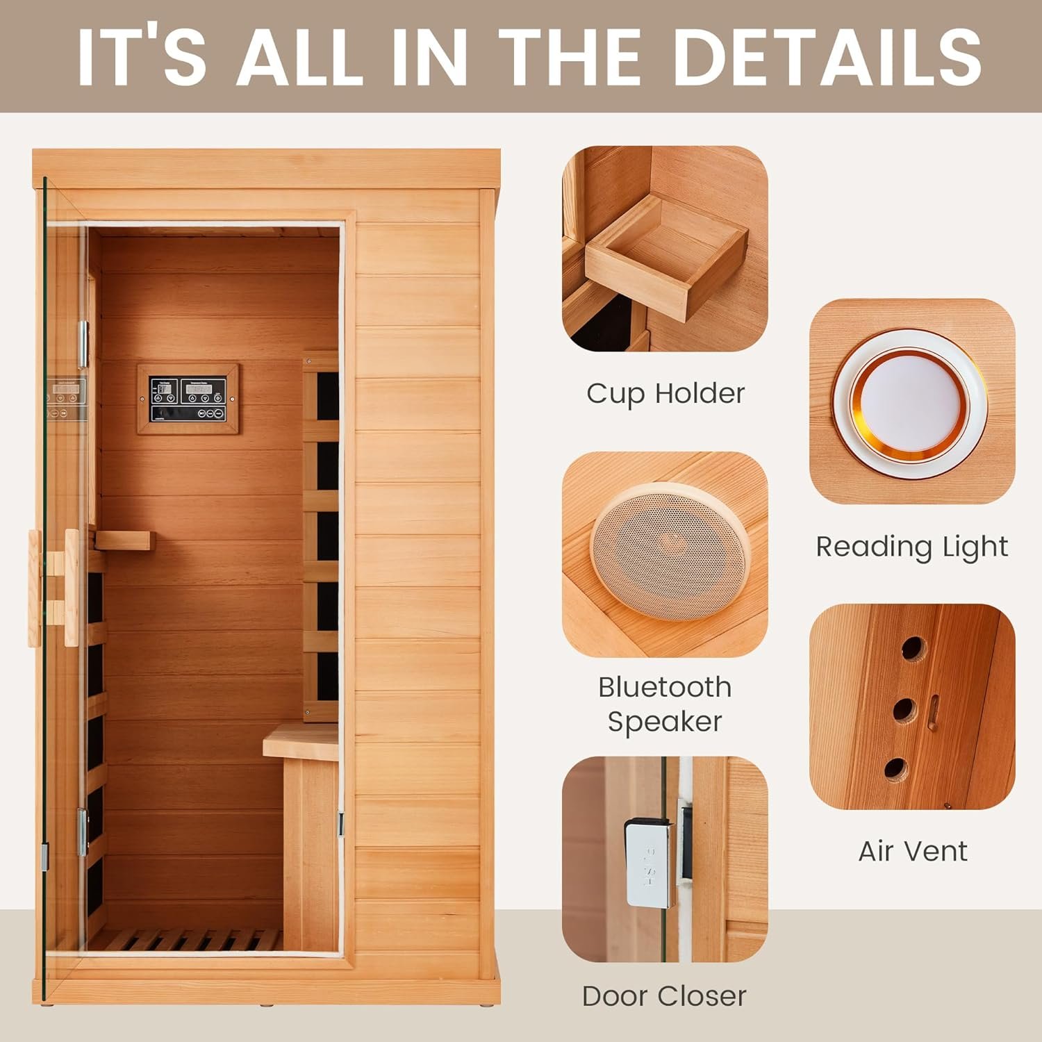 1 Personal Infrared Sauna, Mini Infrared Sauna for Home, Indoor Dry Sauna with 4 Heater Panels, Bluetooth and Tempered Glass,Canadian Hemlock 5 1 Personal Infrared Sauna, Mini Infrared Sauna for Home, Indoor Dry Sauna with 4 Heater Panels, Bluetooth and Tempered Glass,Canadian Hemlock - Image 5