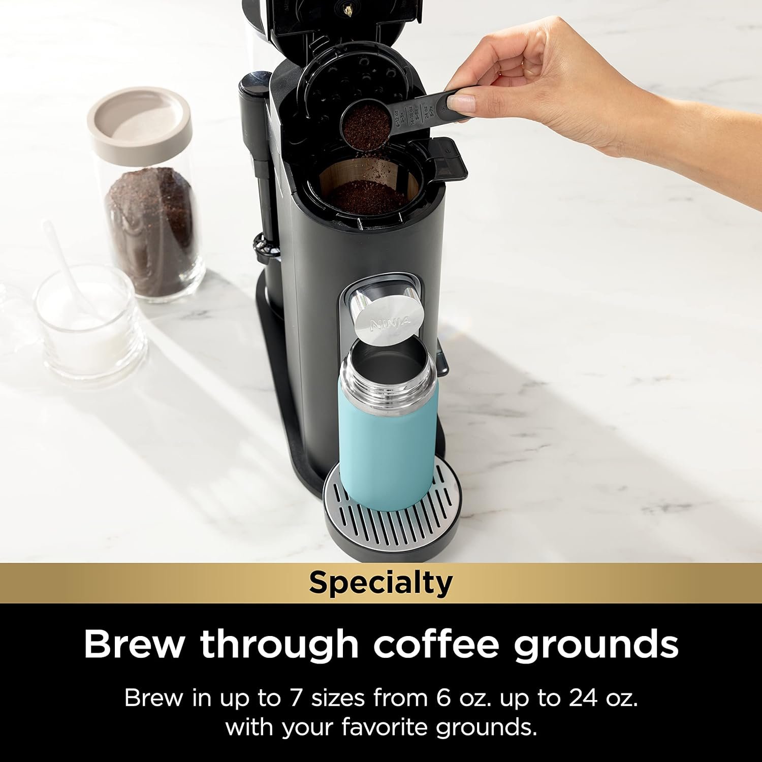 Ninja Pod & Grounds Specialty Single-Serve Coffee Maker, K-Cup Pod Compatible, Brews Grounds, Compact Design, Built-In Milk Frother, 56-oz. Reservoir, 6-oz. Cup to 24-oz. Mug Sizes, Black, PB051 3 Ninja Pod & Grounds Specialty Single-Serve Coffee Maker, K-Cup Pod Compatible, Brews Grounds, Compact Design, Built-In Milk Frother, 56-oz. Reservoir, 6-oz. Cup to 24-oz. Mug Sizes, Black, PB051 - Image 3