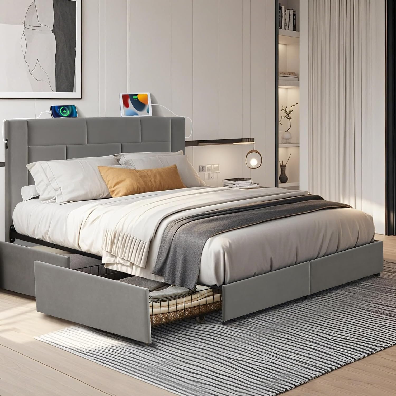 VECELO Queen Upholstered Bed Frame with 4 Storage Drawers, with Type A & C USB Charging Station and Velvet Headboard, No Box Spring Needed, Easy to Assemble, Dark Gray