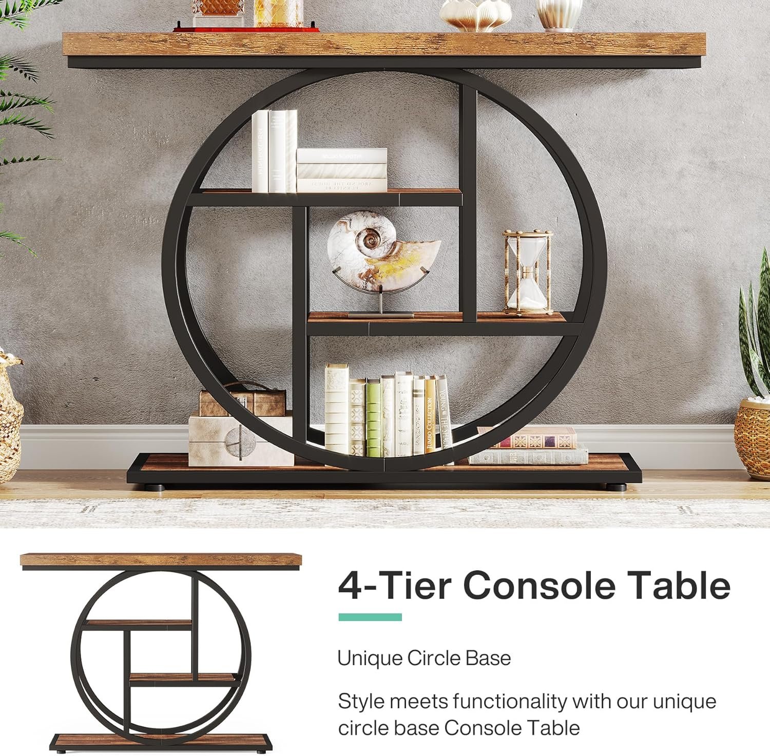 Tribesigns 41.3" Console Table, Industrial 4-Tier Sofa Table Entryway Table with Circle Base, Narrow Wood Accent Tables with Storage Shelves for Living Room, Hallway, Foyer, Rustic Brown 6 Tribesigns 41.3" Console Table, Industrial 4-Tier Sofa Table Entryway Table with Circle Base, Narrow Wood Accent Tables with Storage Shelves for Living Room, Hallway, Foyer, Rustic Brown - Image 6
