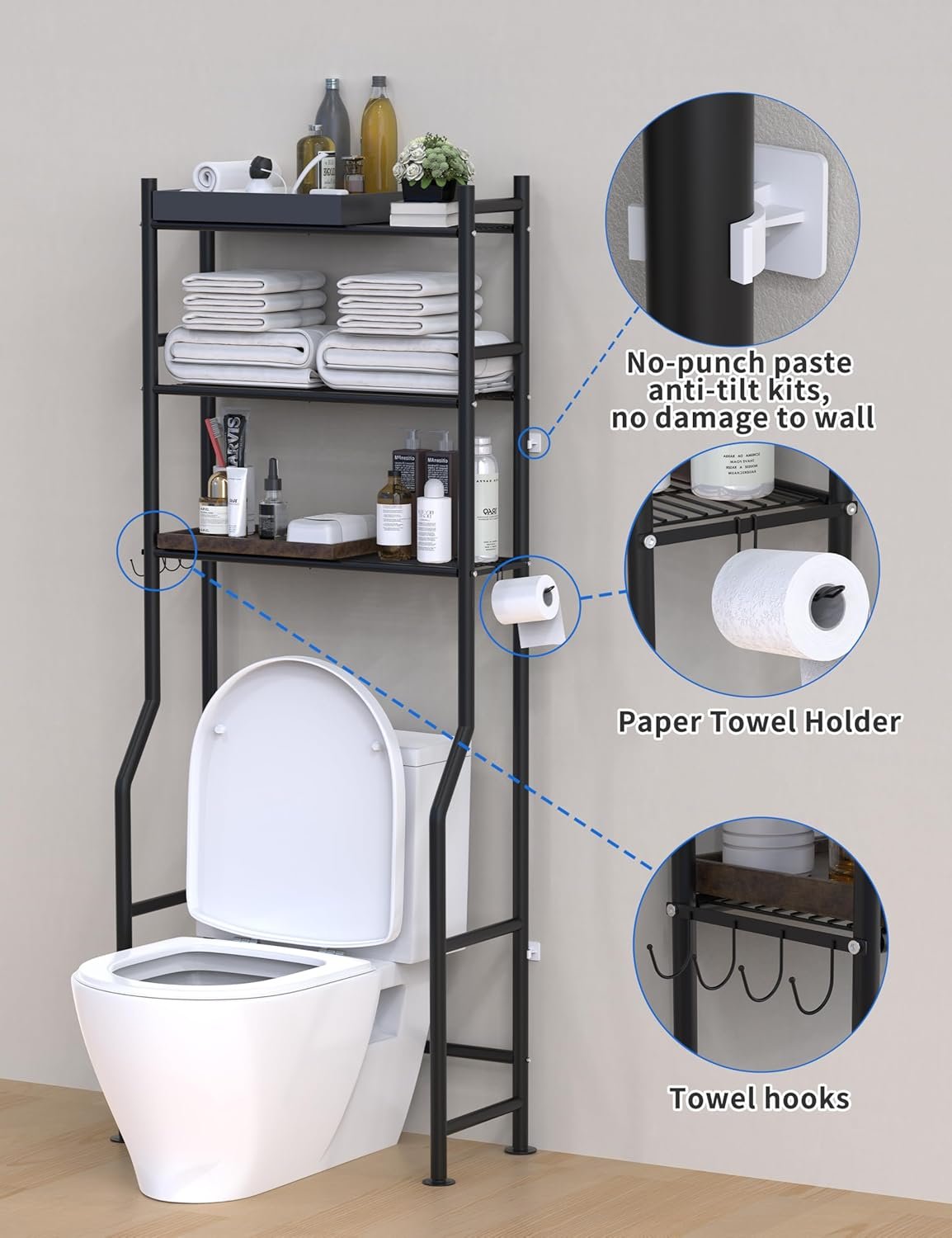 3-Tier Over The Toilet Storage, Freestanding Metal Bathroom Shelves with 4 Hooks, Over Toilet Storage Shelf with Paper Holder, Above The Toilet Shelf for Bathroom Storage, Black 5 3-Tier Over The Toilet Storage, Freestanding Metal Bathroom Shelves with 4 Hooks, Over Toilet Storage Shelf with Paper Holder, Above The Toilet Shelf for Bathroom Storage, Black - Image 5