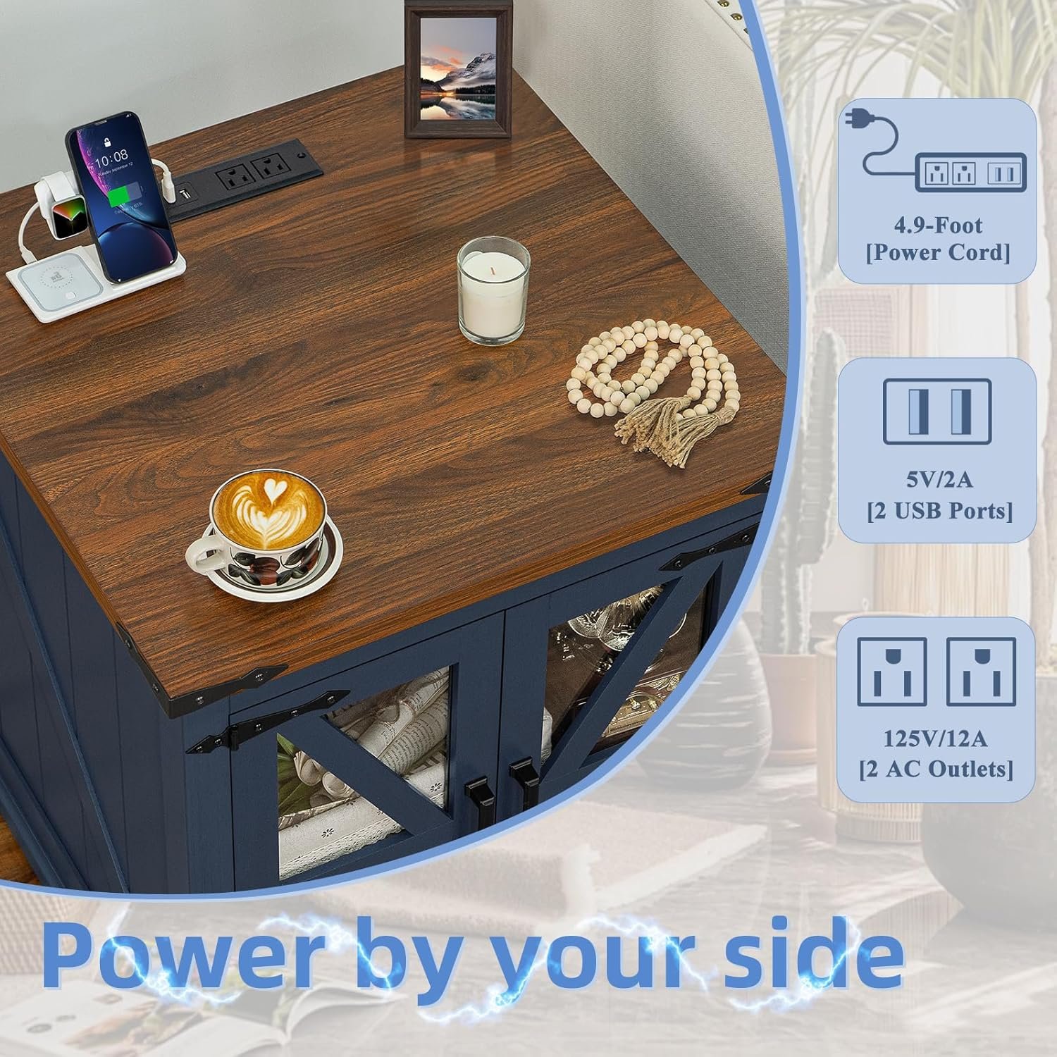 Farmhouse End Table with Charging Station Set 2, 24" Large Sofa Side Table with Glass Barn Door, Blue Nightstand with Adjustable Storage Shelf,Wood Square Bedside Table for Living Room,Bedroom 8 Farmhouse End Table with Charging Station Set 2, 24" Large Sofa Side Table with Glass Barn Door, Blue Nightstand with Adjustable Storage Shelf,Wood Square Bedside Table for Living Room,Bedroom - Image 8
