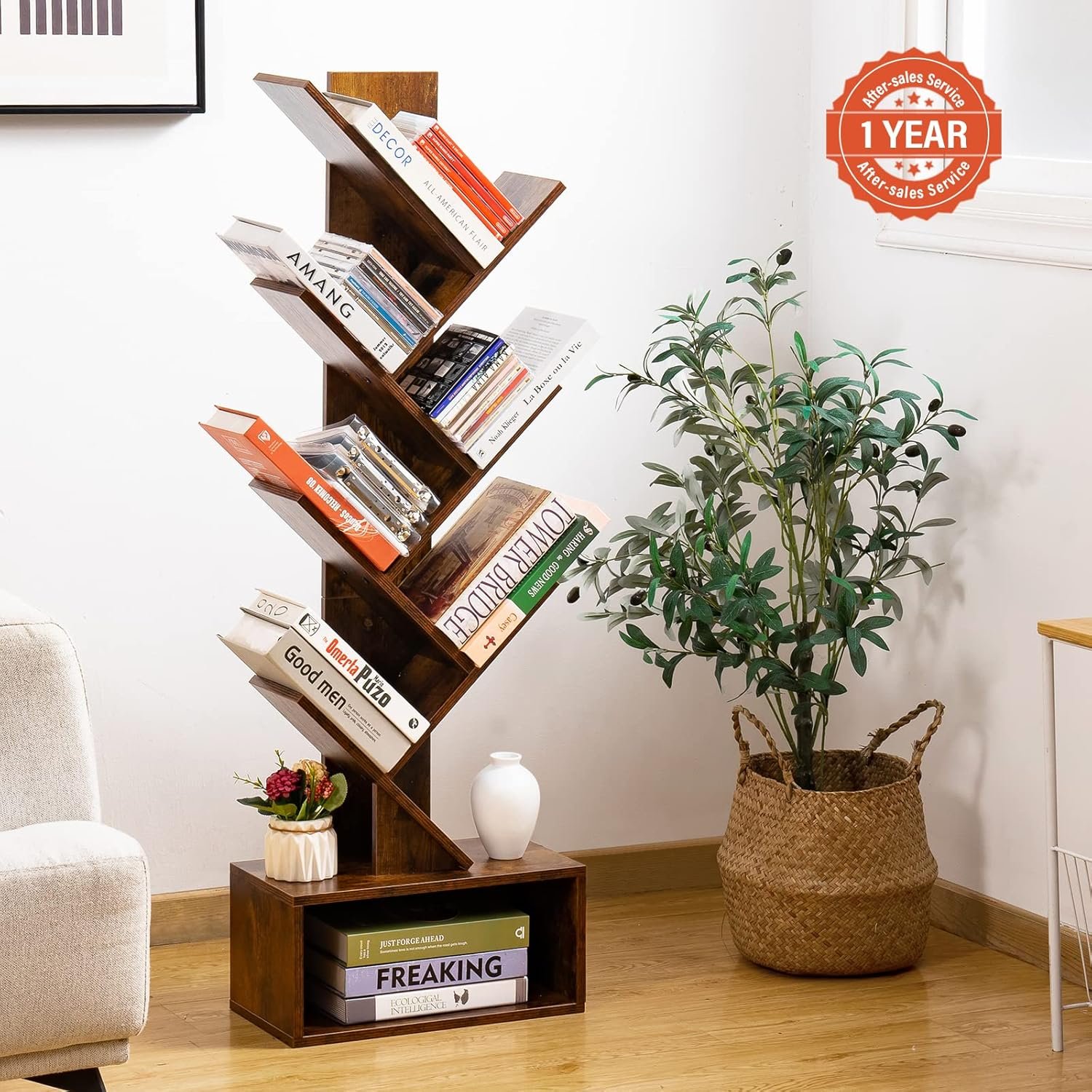 Yoobure Tree Bookshelf - 6 Shelf Retro Floor Standing Bookcase, Tall Wood Book Storage Rack for CDs/Movies/Books, Utility Book Organizer Shelves for Bedroom, Living Room, Home Office 2 Yoobure Tree Bookshelf - 6 Shelf Retro Floor Standing Bookcase, Tall Wood Book Storage Rack for CDs/Movies/Books, Utility Book Organizer Shelves for Bedroom, Living Room, Home Office - Image 2