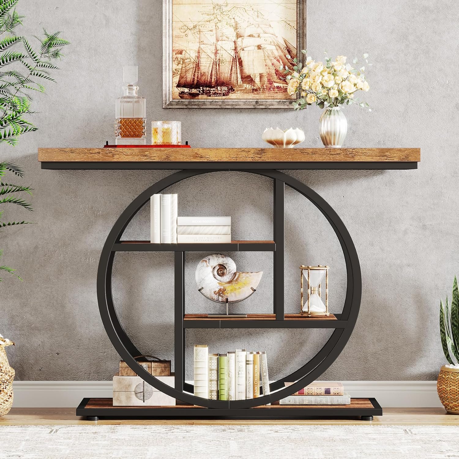 Tribesigns 41.3" Console Table, Industrial 4-Tier Sofa Table Entryway Table with Circle Base, Narrow Wood Accent Tables with Storage Shelves for Living Room, Hallway, Foyer, Rustic Brown 8 Tribesigns 41.3" Console Table, Industrial 4-Tier Sofa Table Entryway Table with Circle Base, Narrow Wood Accent Tables with Storage Shelves for Living Room, Hallway, Foyer, Rustic Brown - Image 8