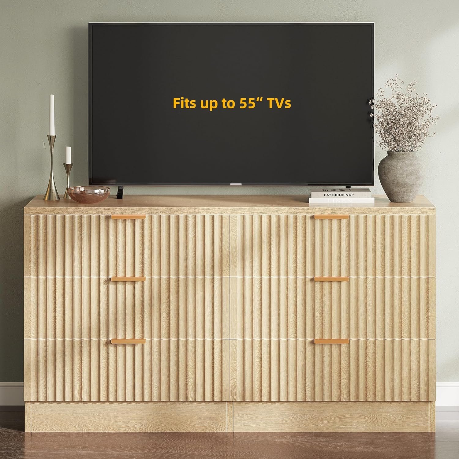 DWVO 6-Drawer Dressers, Chest of Drawers with Fluted Panel, Wide Versatile Storage Dresser Organizer for Living Room, Kitchen and Office, Natural, Upgraded 3 DWVO 6-Drawer Dressers, Chest of Drawers with Fluted Panel, Wide Versatile Storage Dresser Organizer for Living Room, Kitchen and Office, Natural, Upgraded - Image 3