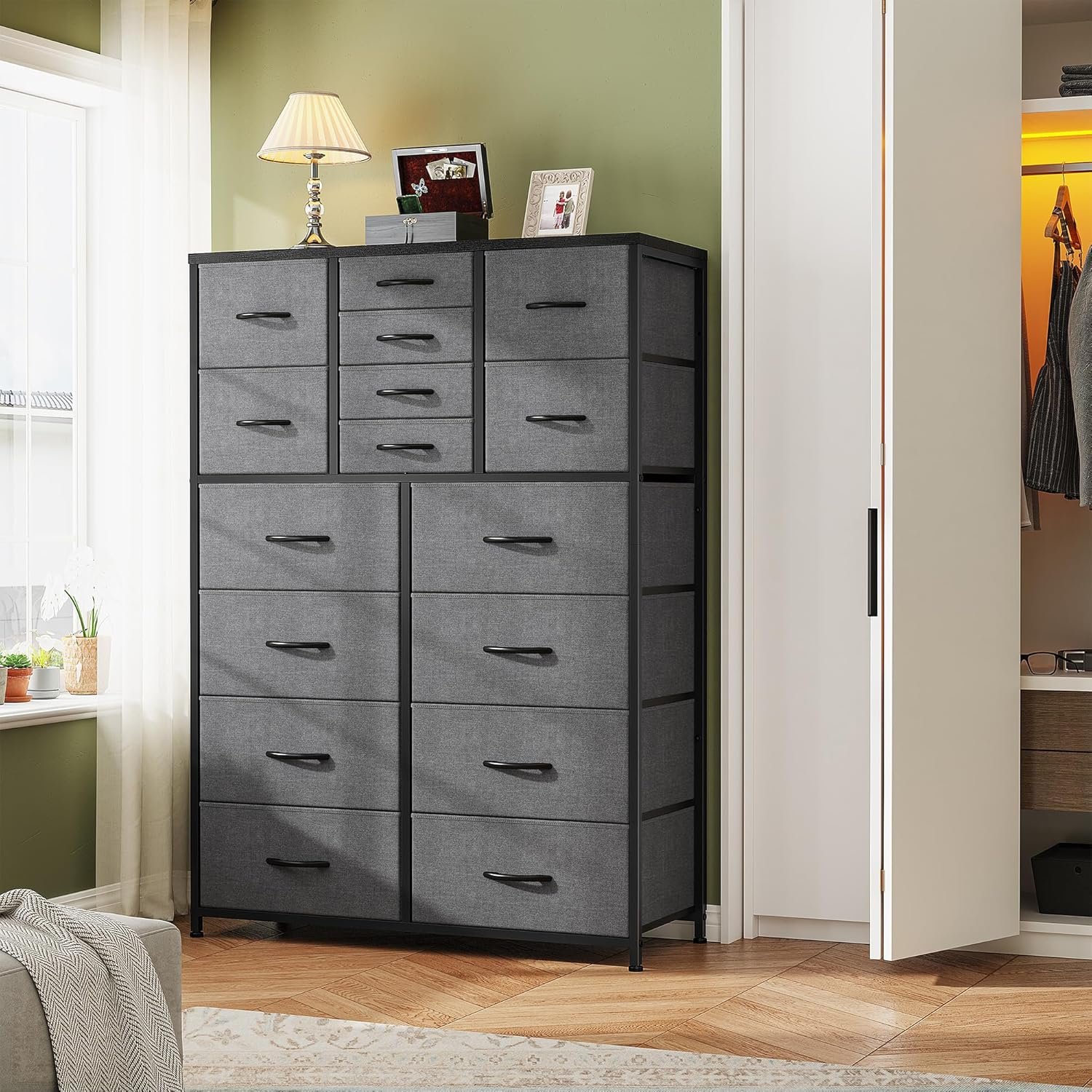 EnHomee Dresser for Bedroom with 16 Drawers Tall Dressers & Chests of Drawers Bedroom Dresser for Bedroom, Fabric Dresser, Grey, 11.8" D x 37.5" W x 57" H 7 EnHomee Dresser for Bedroom with 16 Drawers Tall Dressers & Chests of Drawers Bedroom Dresser for Bedroom, Fabric Dresser, Grey, 11.8" D x 37.5" W x 57" H - Image 7