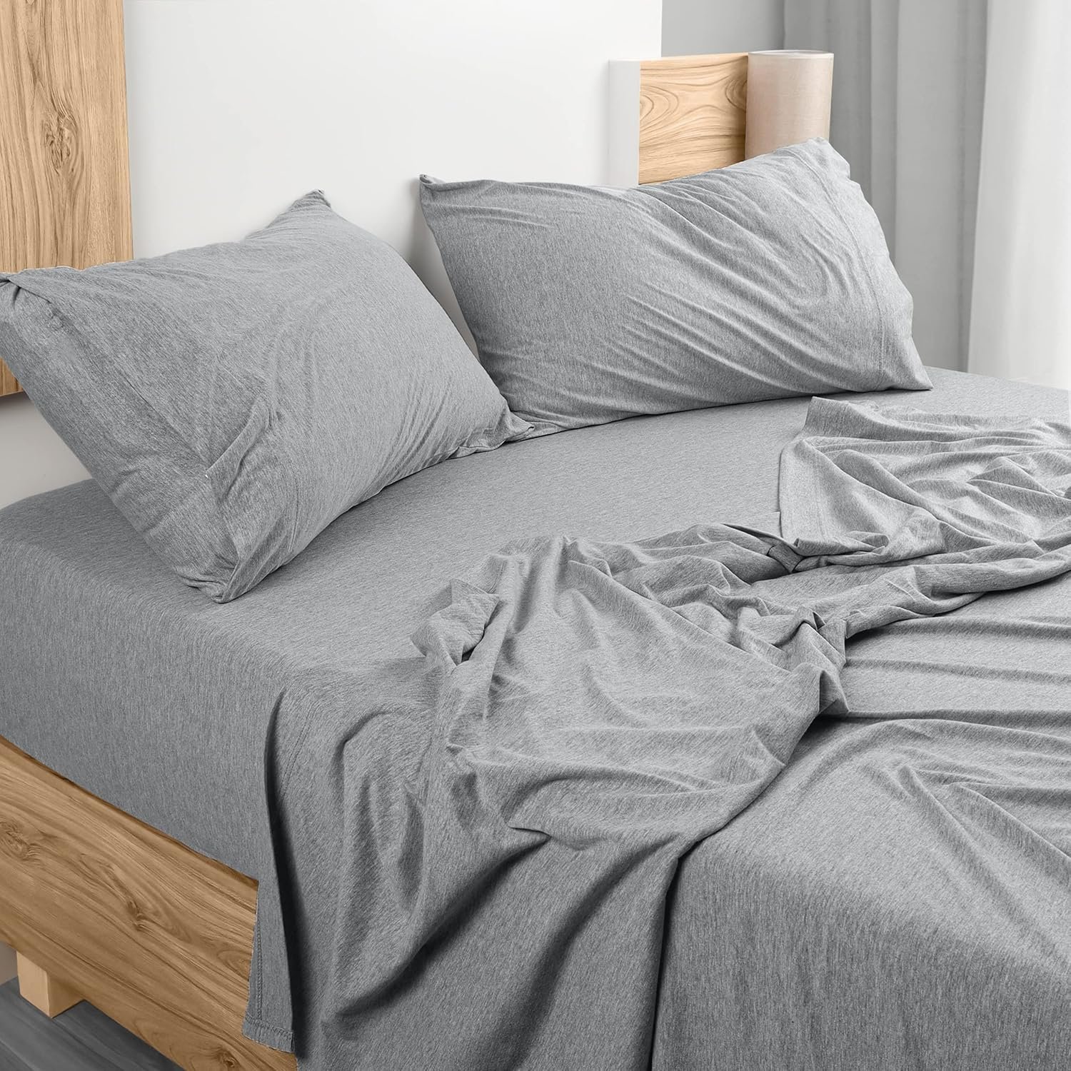 Utopia Bedding Queen Sheet Set - Jersey Knit Sheets 4 Piece – Cotton – Soft T-Shirt Stretchy Sheets ( Heather Light Grey)