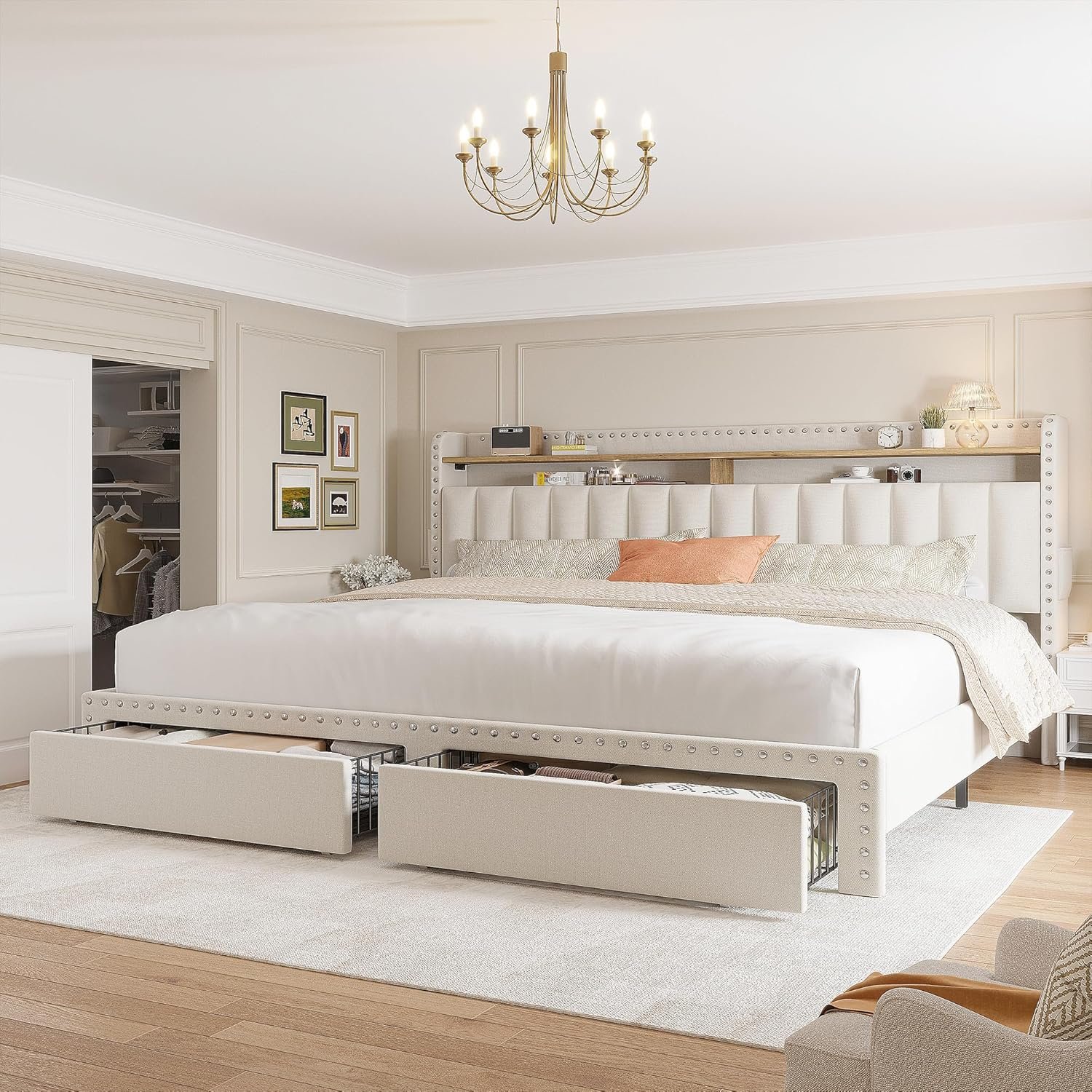 EnHomee King Size Bed Frame with Storage and Headboard, Upholstered King Bed Frame with Storage, King Bed Frame with 2 Drawers, King Size Bed Frame with Storage, NO Noise,No Box Spring Needed 3 EnHomee King Size Bed Frame with Storage and Headboard, Upholstered King Bed Frame with Storage, King Bed Frame with 2 Drawers, King Size Bed Frame with Storage, NO Noise,No Box Spring Needed - Image 3