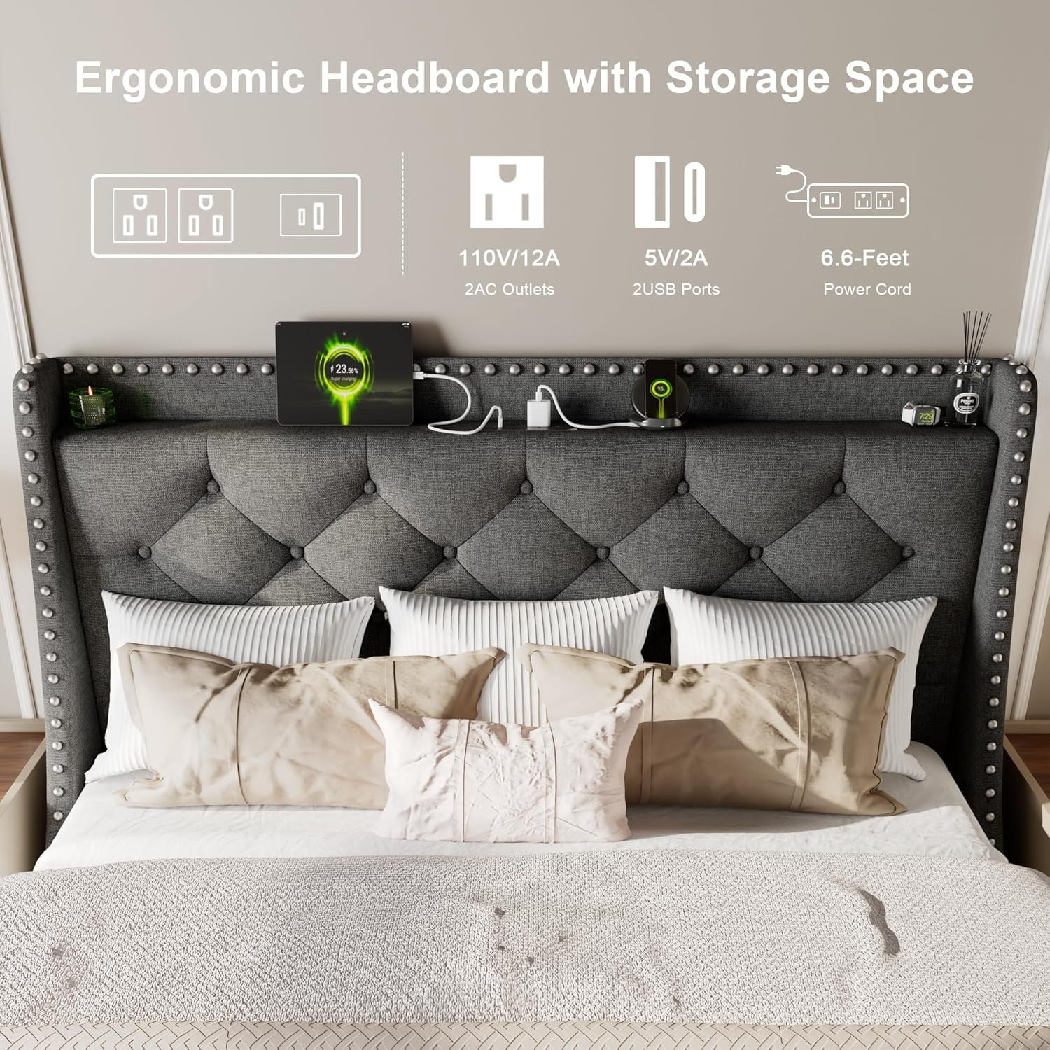Feonase Full Size Bed Frame with Luxury Wingback and Fast Charging Station,Full Upholstered Button Tufted Storage Headboard Platform Bed,Sturdy Wooden Slats Support,Noise-Free, Easy Assembly,Dark Gray 3 Feonase Full Size Bed Frame with Luxury Wingback and Fast Charging Station,Full Upholstered Button Tufted Storage Headboard Platform Bed,Sturdy Wooden Slats Support,Noise-Free, Easy Assembly,Dark Gray - Image 3