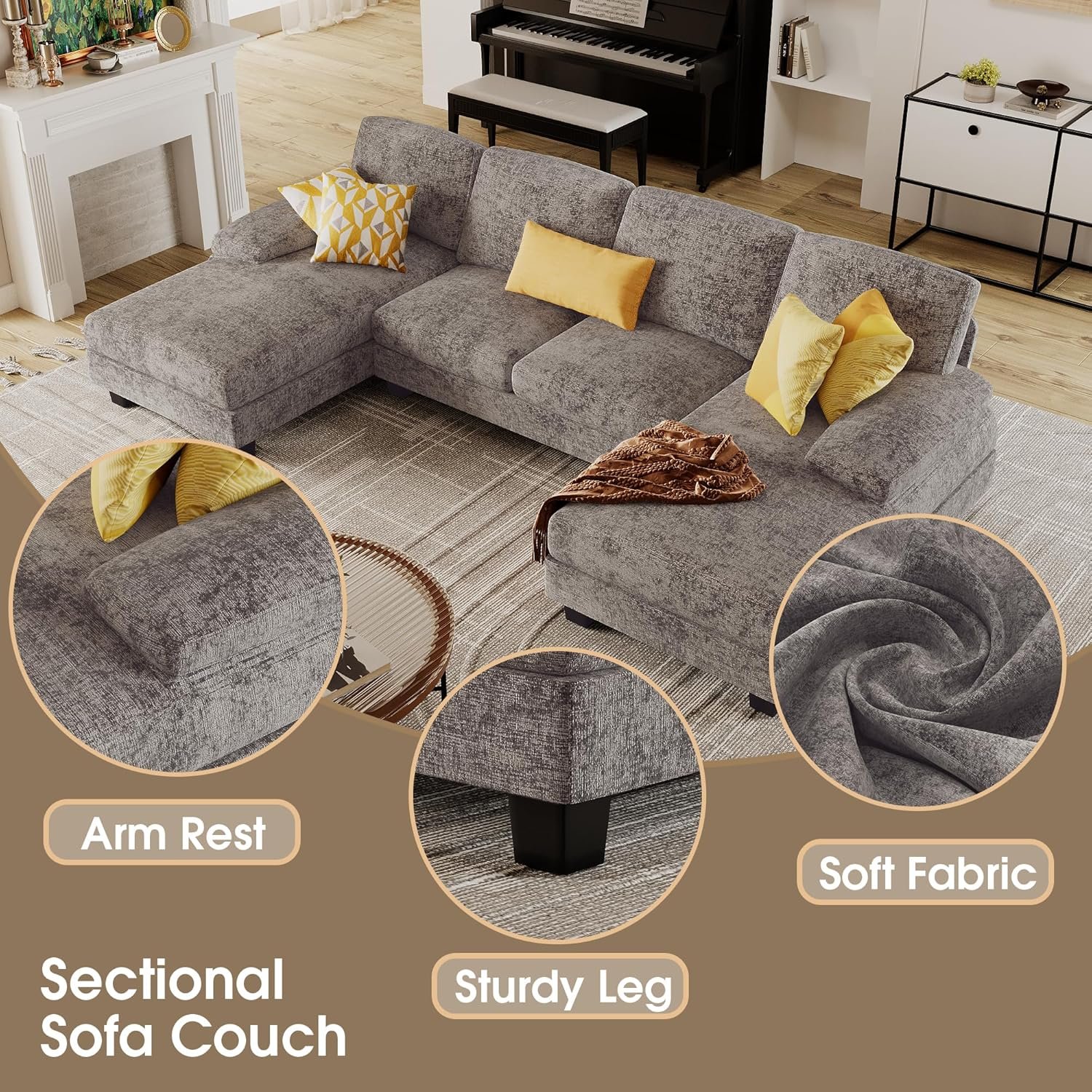 Furmax Sectional Couches for Living Room, U-Shaped Sofa Couch with Linen Fabric, 4 Seat Sofa Set with Double Chaise for Apartment (Fabric, Grey) 5 Furmax Sectional Couches for Living Room, U-Shaped Sofa Couch with Linen Fabric, 4 Seat Sofa Set with Double Chaise for Apartment (Fabric, Grey) - Image 5