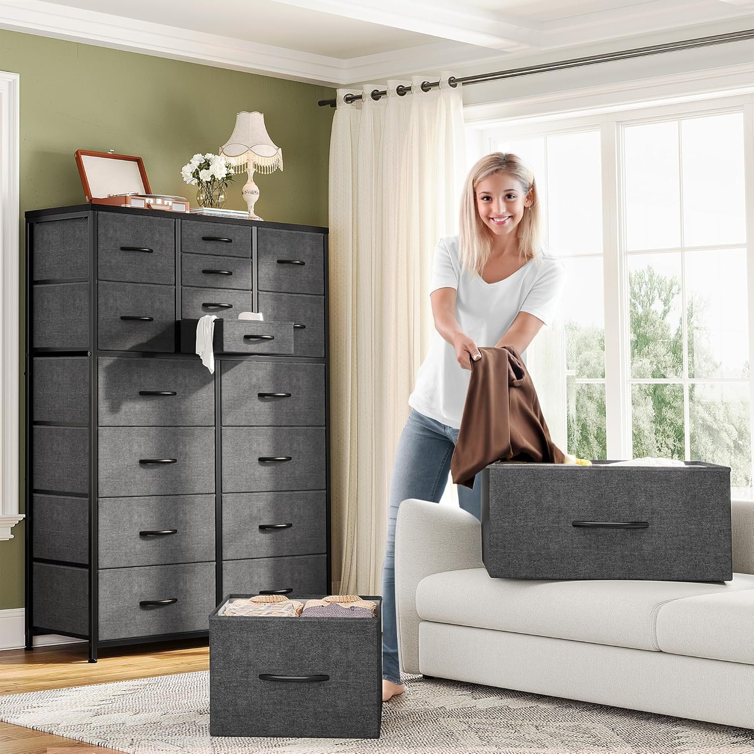 EnHomee Dresser for Bedroom with 16 Drawers Tall Dressers & Chests of Drawers Bedroom Dresser for Bedroom, Fabric Dresser, Grey, 11.8" D x 37.5" W x 57" H 2 EnHomee Dresser for Bedroom with 16 Drawers Tall Dressers & Chests of Drawers Bedroom Dresser for Bedroom, Fabric Dresser, Grey, 11.8" D x 37.5" W x 57" H - Image 2