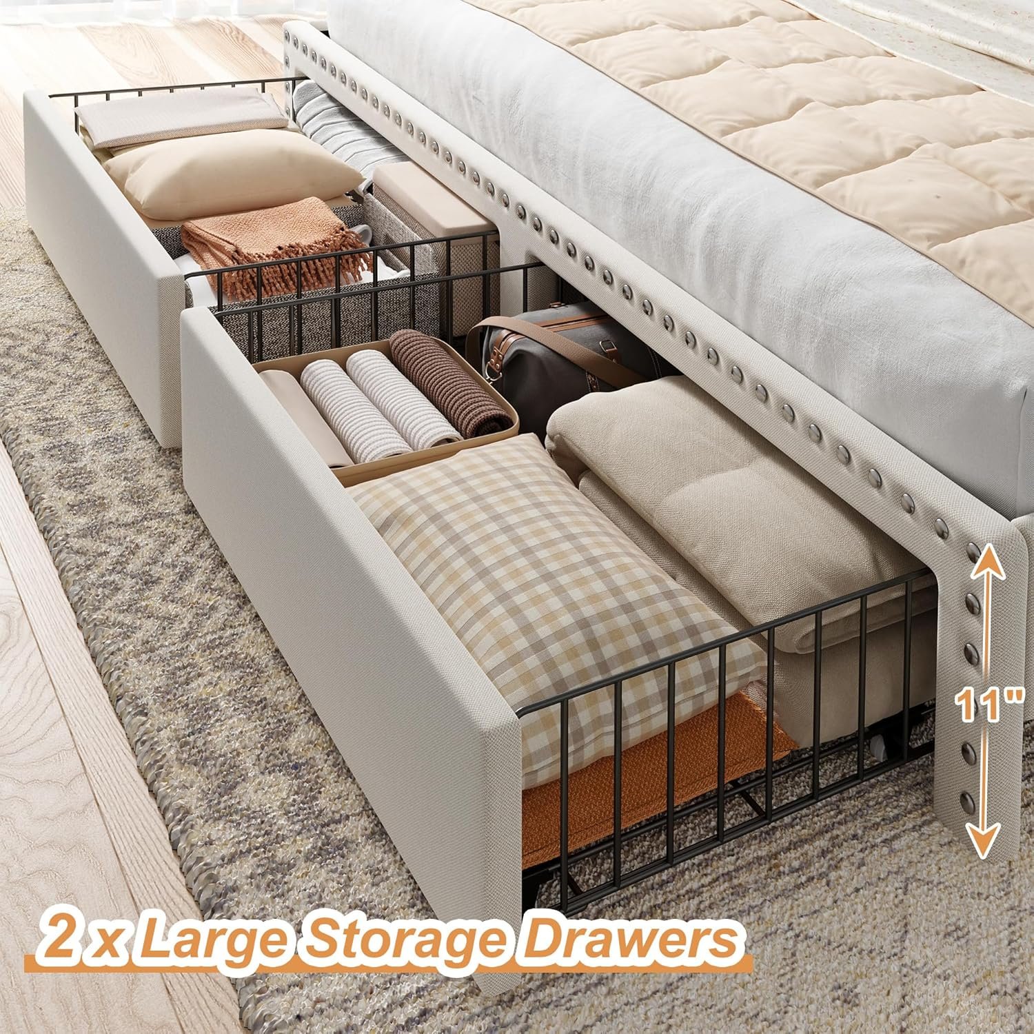 EnHomee King Size Bed Frame with Storage and Headboard, Upholstered King Bed Frame with Storage, King Bed Frame with 2 Drawers, King Size Bed Frame with Storage, NO Noise,No Box Spring Needed 5 EnHomee King Size Bed Frame with Storage and Headboard, Upholstered King Bed Frame with Storage, King Bed Frame with 2 Drawers, King Size Bed Frame with Storage, NO Noise,No Box Spring Needed - Image 5