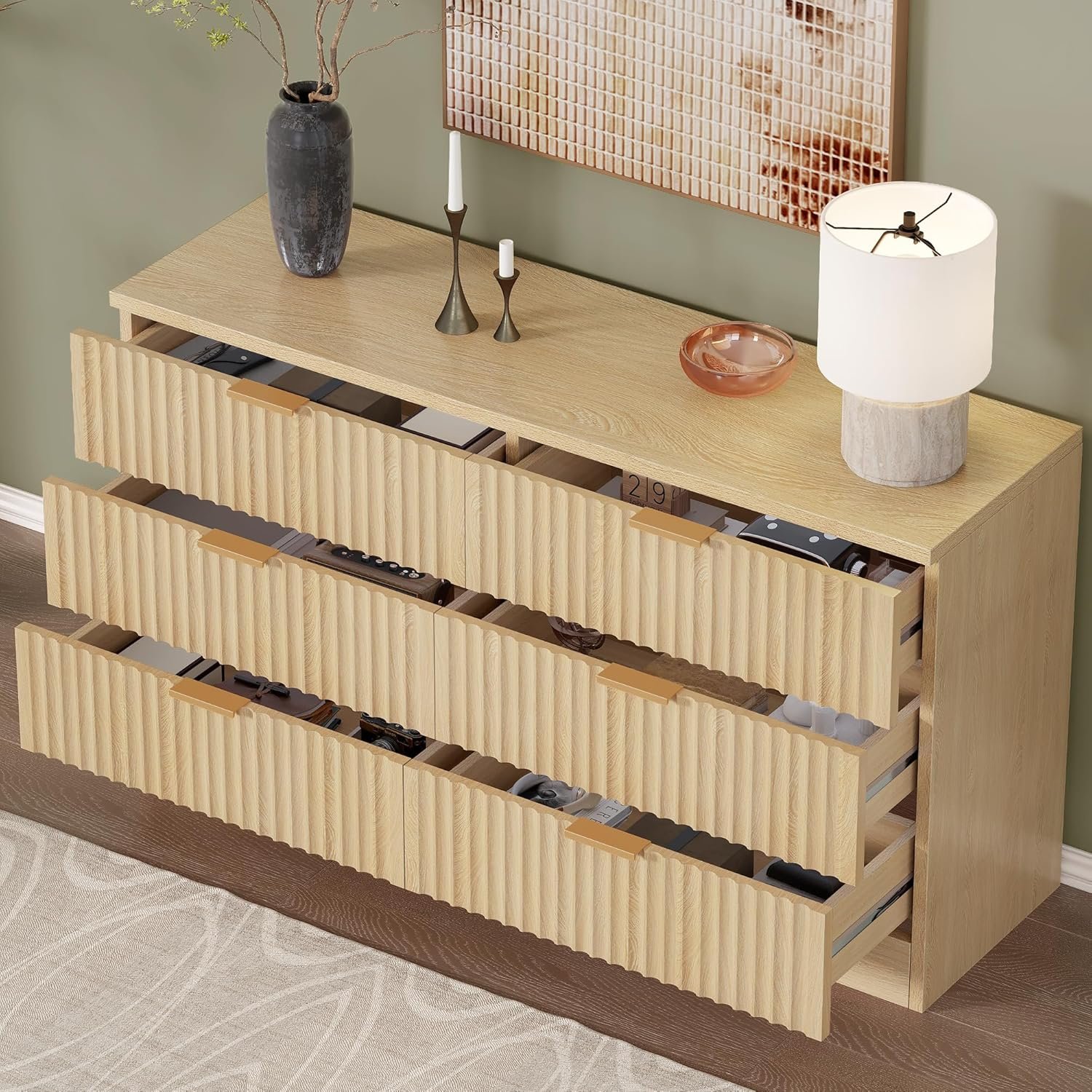 DWVO 6-Drawer Dressers, Chest of Drawers with Fluted Panel, Wide Versatile Storage Dresser Organizer for Living Room, Kitchen and Office, Natural, Upgraded 4 DWVO 6-Drawer Dressers, Chest of Drawers with Fluted Panel, Wide Versatile Storage Dresser Organizer for Living Room, Kitchen and Office, Natural, Upgraded - Image 4