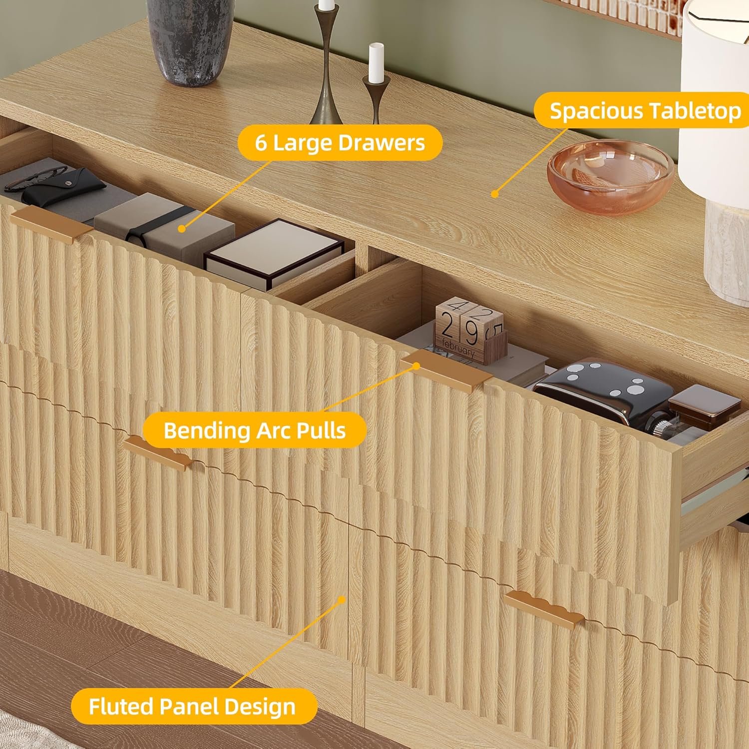 DWVO 6-Drawer Dressers, Chest of Drawers with Fluted Panel, Wide Versatile Storage Dresser Organizer for Living Room, Kitchen and Office, Natural, Upgraded 5 DWVO 6-Drawer Dressers, Chest of Drawers with Fluted Panel, Wide Versatile Storage Dresser Organizer for Living Room, Kitchen and Office, Natural, Upgraded - Image 5