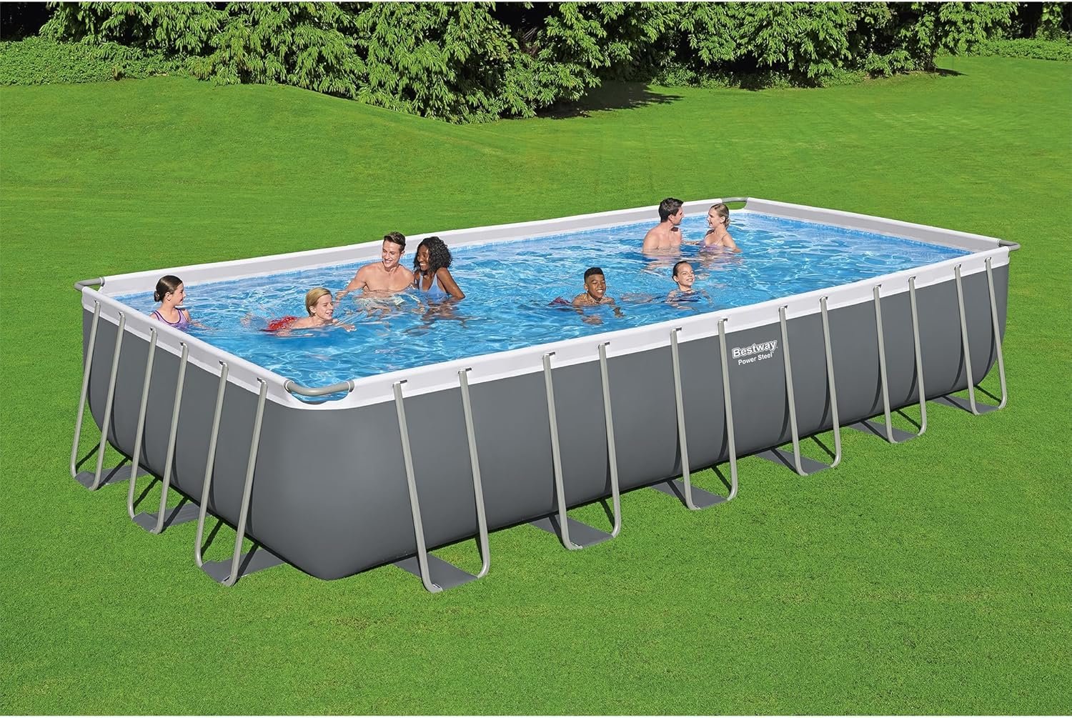 Bestway Power Steel 24' x 12' x 52" Rectangular Metal Frame Above Ground Swimming Pool Set with 1500 GPH Sand Filter Pump, Ladder, and Pool Cover 3 Bestway Power Steel 24' x 12' x 52" Rectangular Metal Frame Above Ground Swimming Pool Set with 1500 GPH Sand Filter Pump, Ladder, and Pool Cover - Image 3