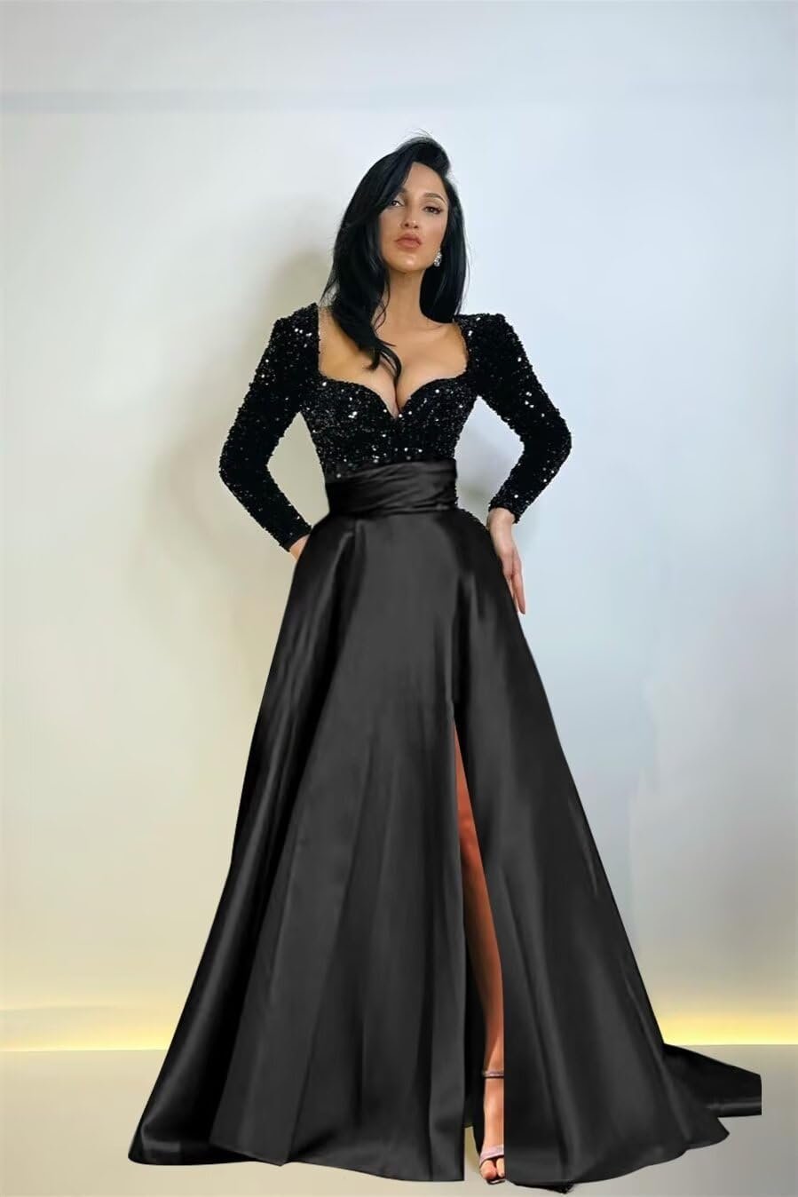 Women's Sequin Sweetheart Prom Dresses with Long Sleeves A Line Formal Evening Party Gowns