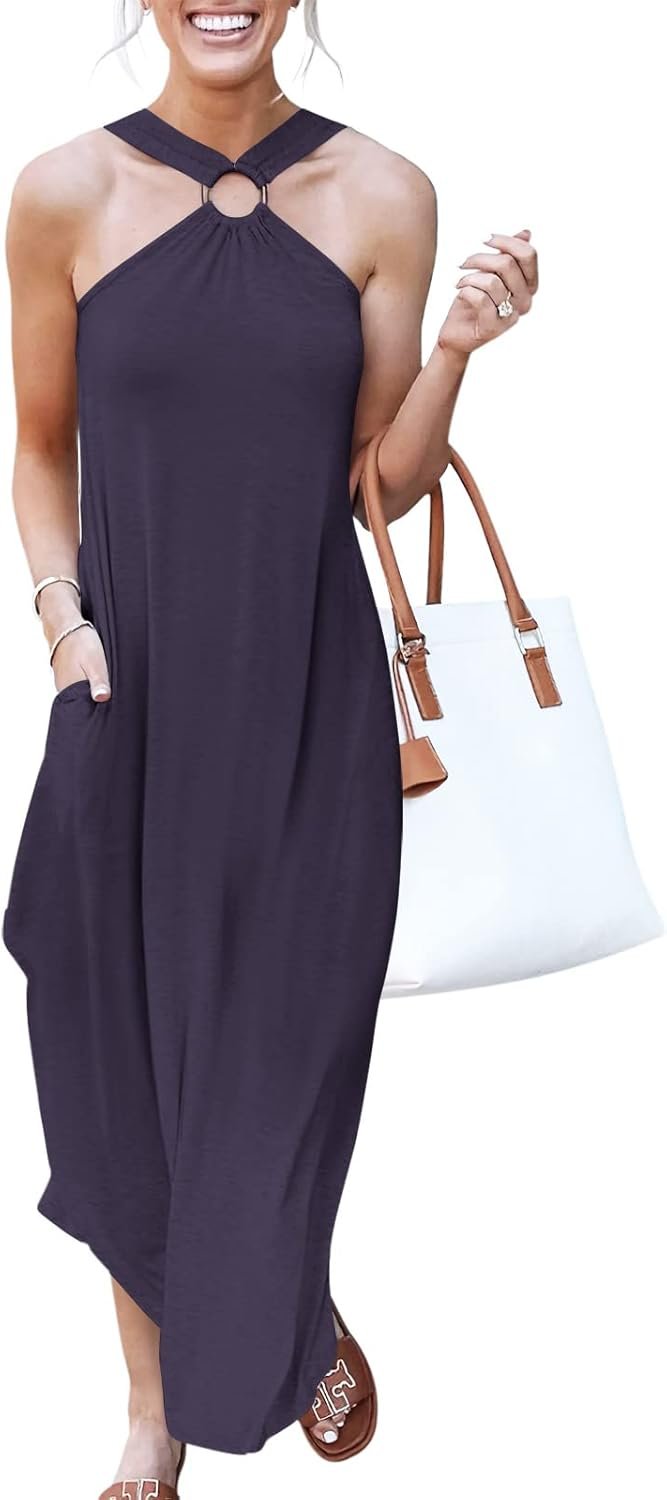 ANRABESS Women Summer Halter Neck Maxi Dress Sleeveless Casual Split Side Beach Sundress Travel Vacation Outfits with Pockets