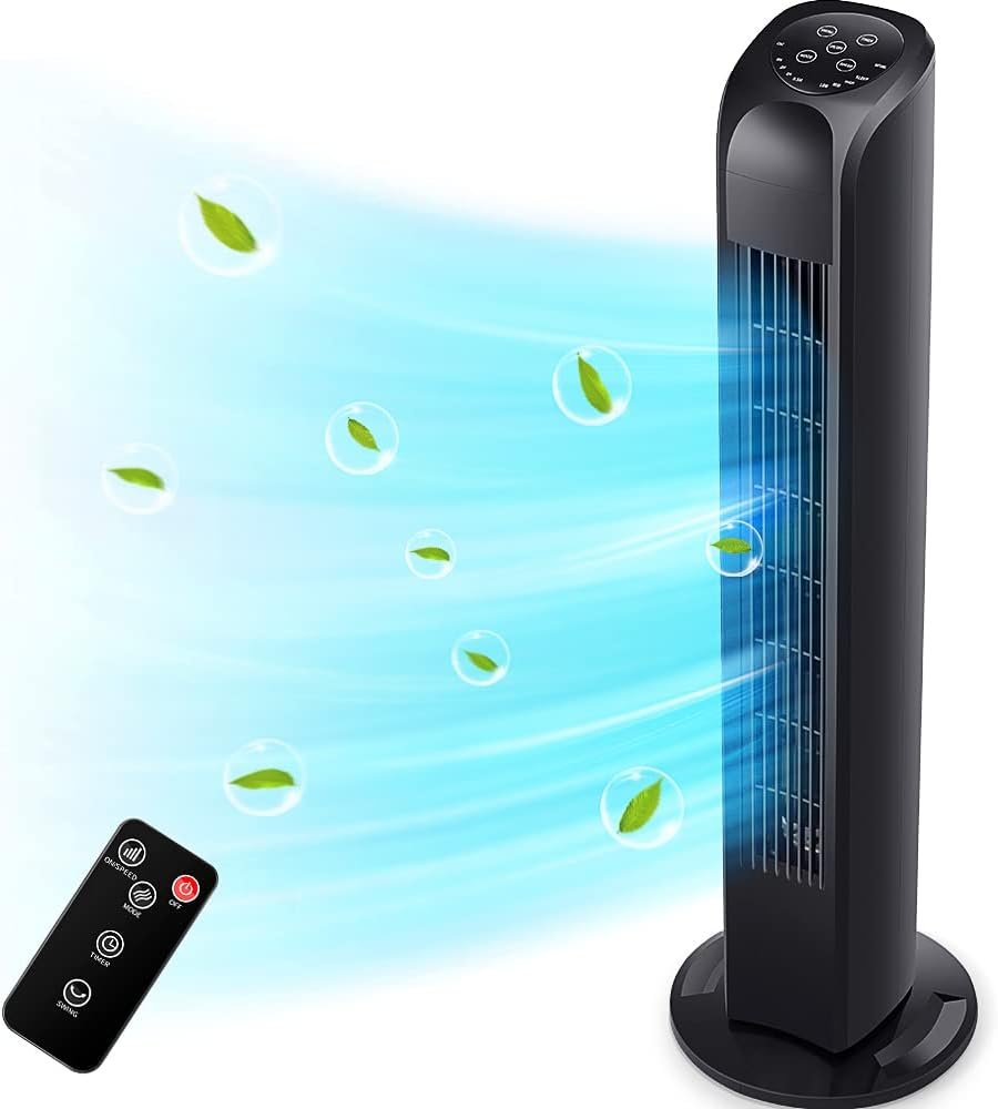 Oscillating Tower Fan with Remote, Electric Standing Tower Fan Floor Fan for Bedroom Indoor Office and Home Use,Quiet Cooling Portable Bladeless Tower Fans, 30 inchs, Black Tower Fan