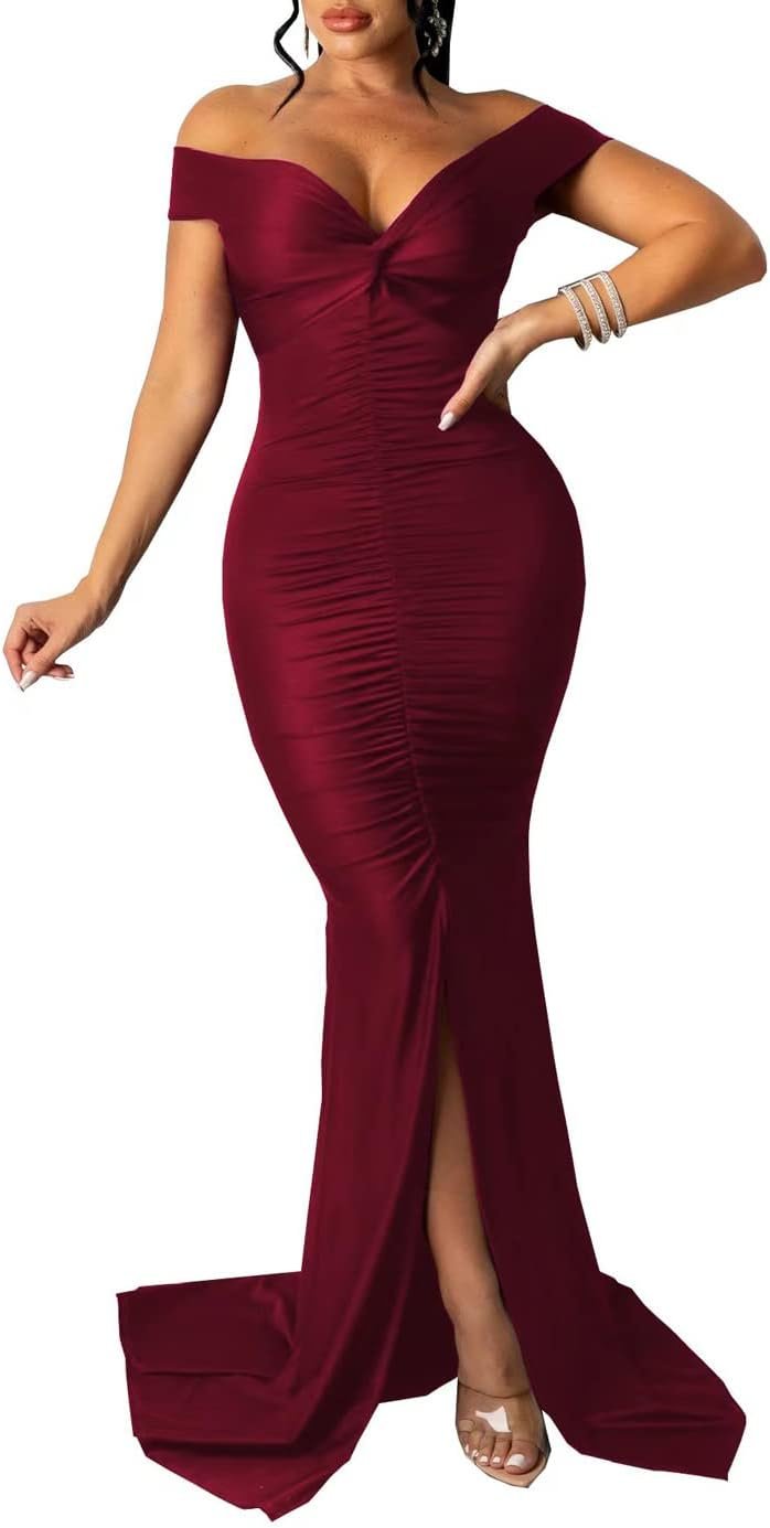 Sexy Formal Dress for Women Ruched Off Shoulder Club Cocktail Bodycon Evening Gown Maxi Long Dresses
