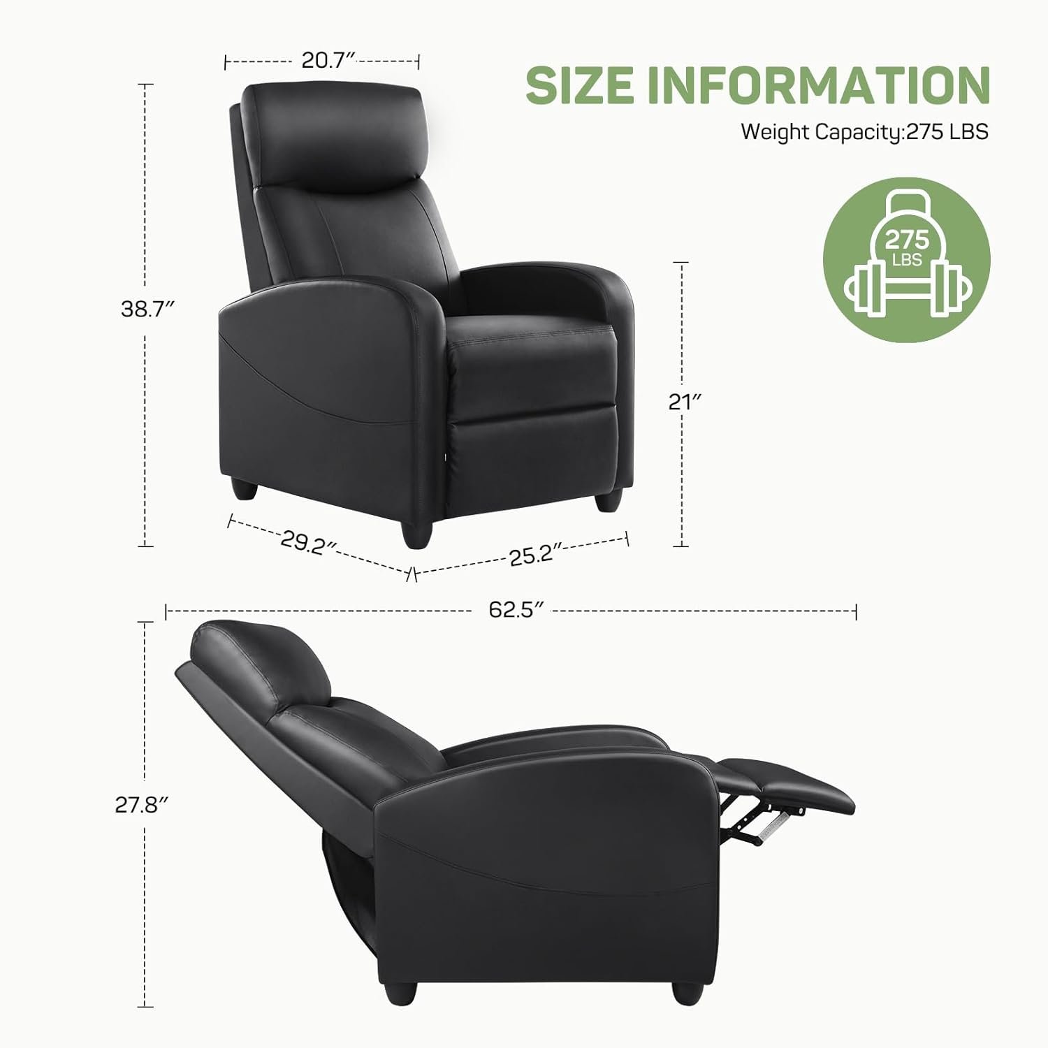 Recliner Chair with Massage and Lumbar Support, Small PU Leather Home Theater Seating, Adjustable Modern Reclining Chair for Adults in Living Room 3 Recliner Chair with Massage and Lumbar Support, Small PU Leather Home Theater Seating, Adjustable Modern Reclining Chair for Adults in Living Room - Image 3