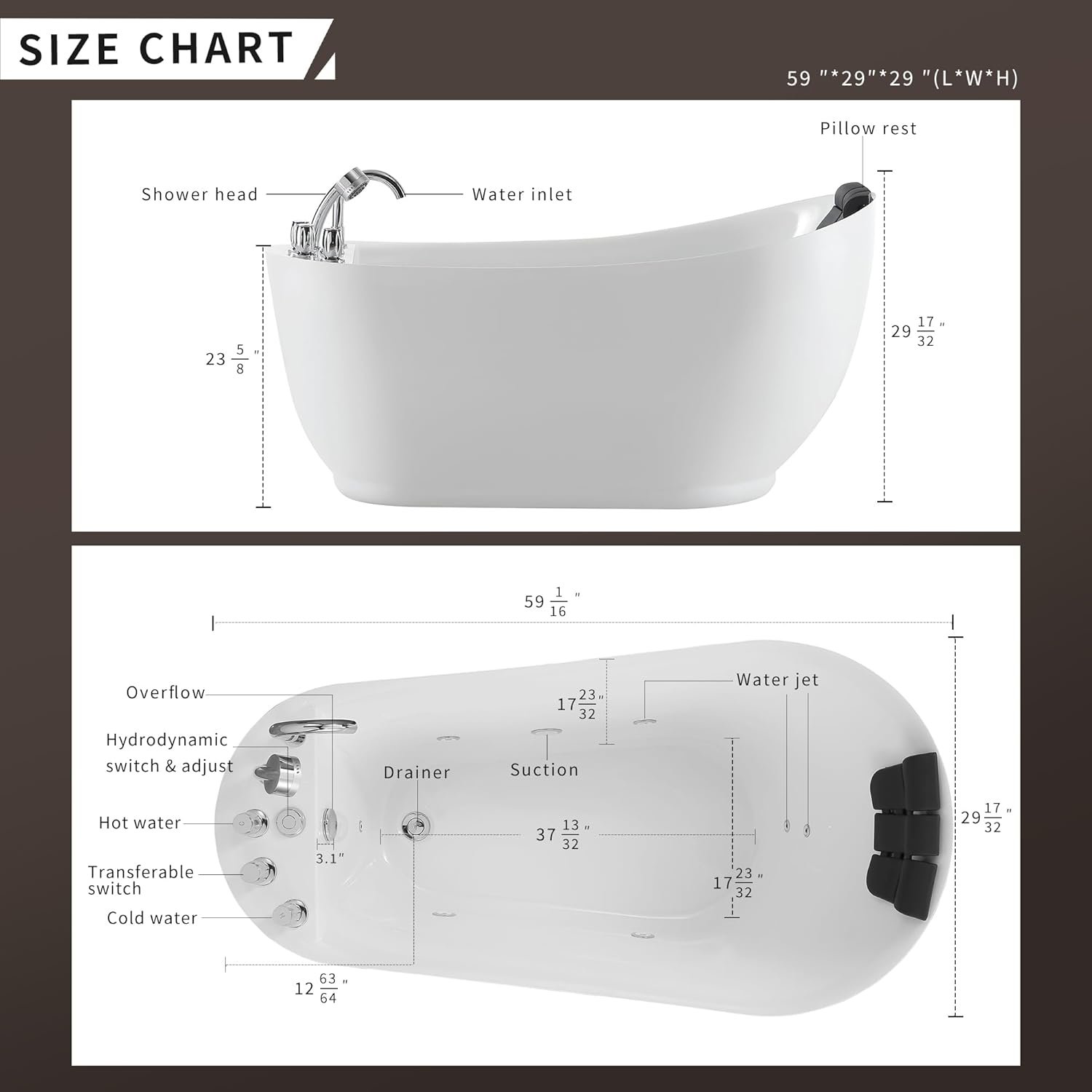 Empava 59 Inch Freestanding Whirlpool Tub - Acrylic Jetted Bathtub-Deep Concave Back, Tapered Interior,ETL Certified 5 Empava 59 Inch Freestanding Whirlpool Tub - Acrylic Jetted Bathtub-Deep Concave Back, Tapered Interior,ETL Certified - Image 5
