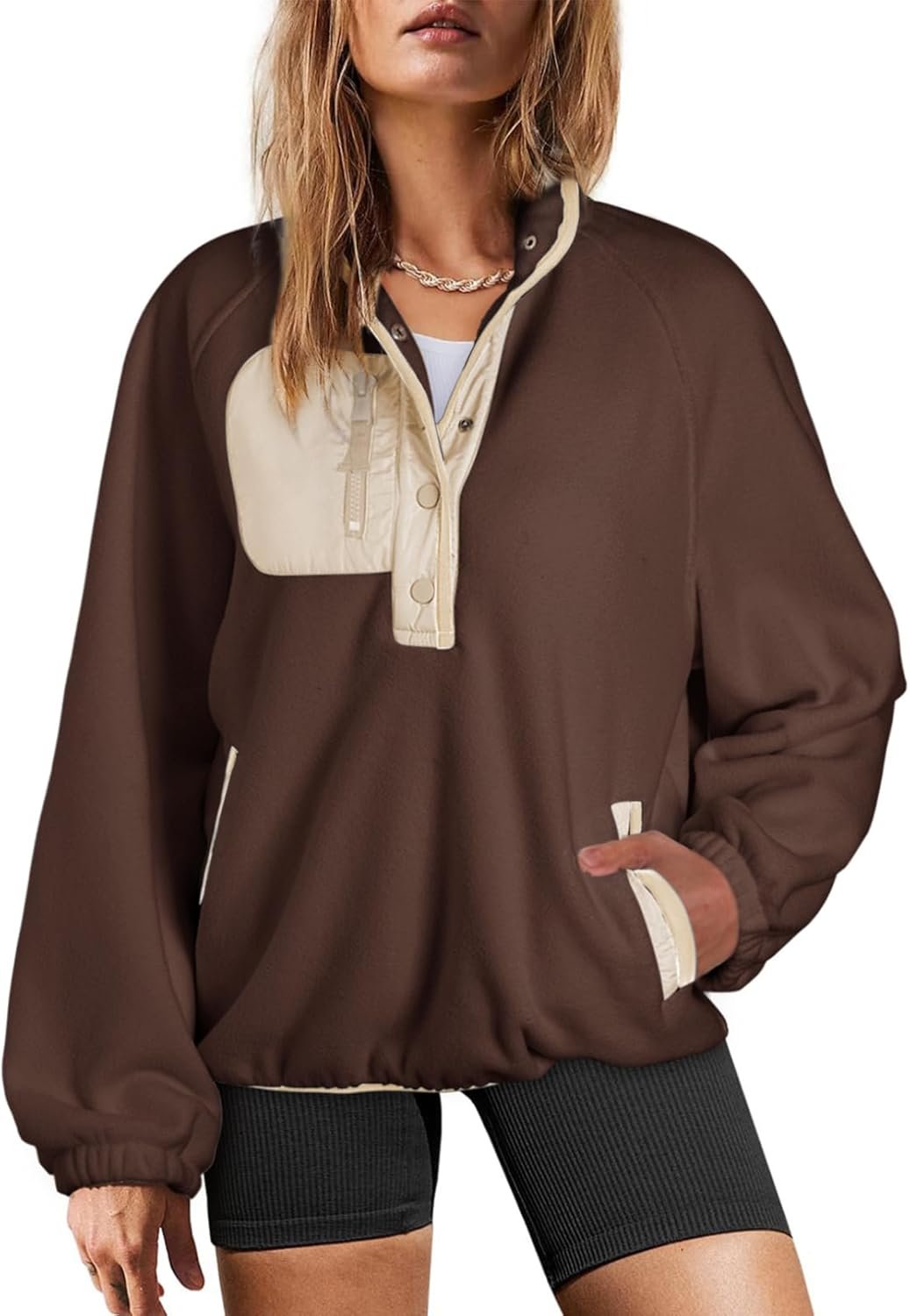 Dokotoo Sweatshirt for Women Oversized Fuzzy Fleece Jacket Color Block Button Long Sleeve Pullover Sherpa Sweatshirts Tops