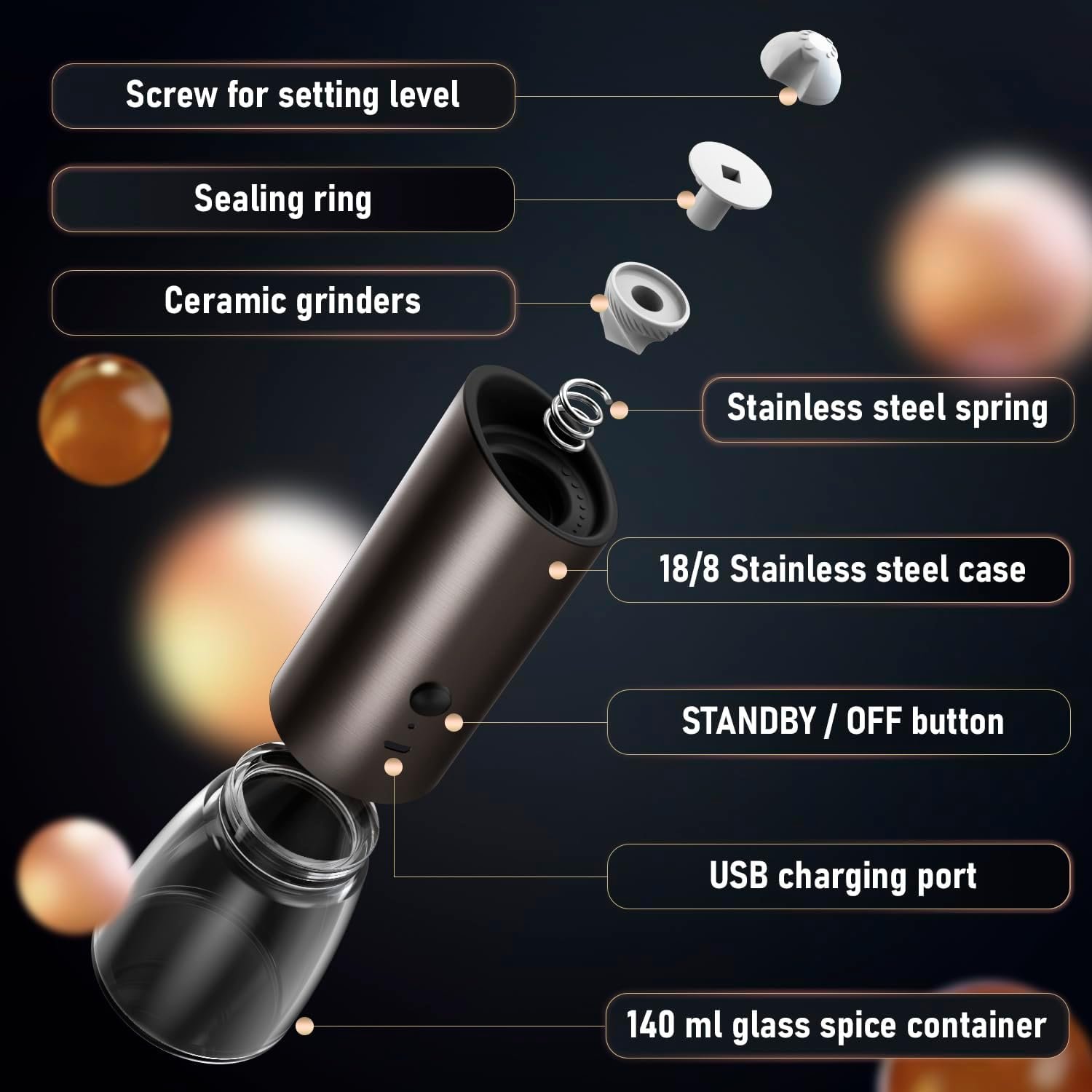 Electric Salt and Pepper Grinder Set with Adjustable Coarseness, LED Light and a Bamboo Base – Rechargeable Stainless Steel Spice Grinder for Kitchen - Automatic Salt and Pepper Shakers 6 Electric Salt and Pepper Grinder Set with Adjustable Coarseness, LED Light and a Bamboo Base – Rechargeable Stainless Steel Spice Grinder for Kitchen - Automatic Salt and Pepper Shakers - Image 6
