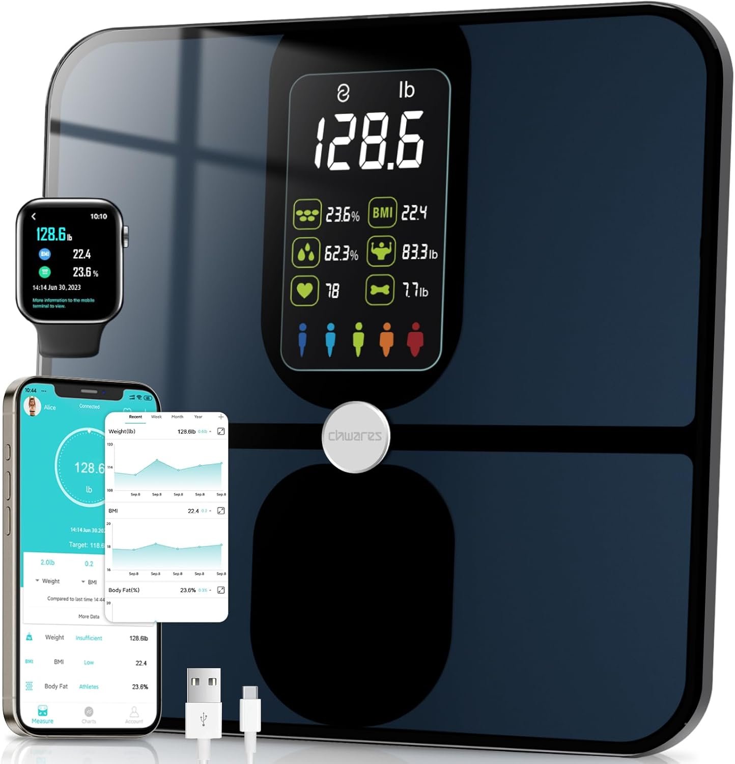 CHWARES Scale for Body Weight, Scale with BMI Body Fat Muscle Mass Rechargeable Large Display Smart Digital Bathroom with 15 Metrics Composition Analyzer for Heart Rate 400lbs, Black