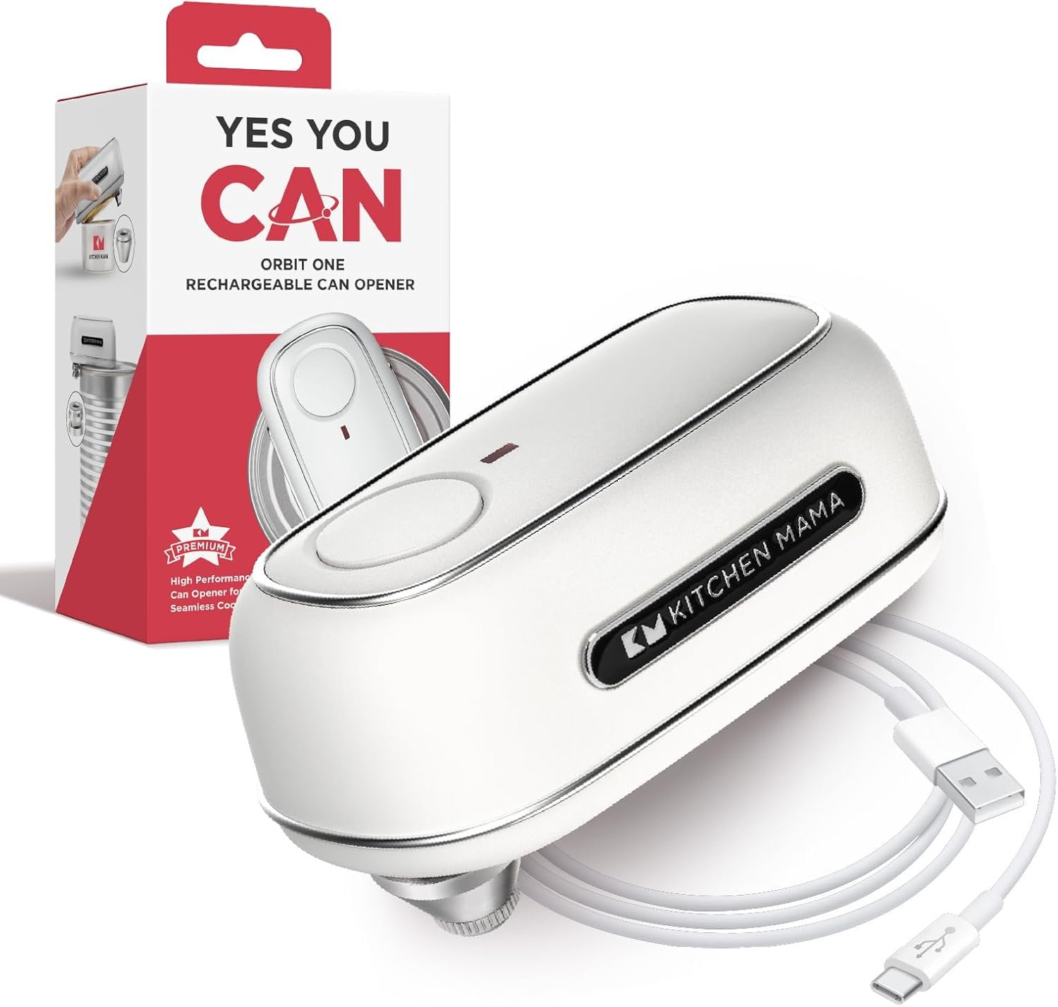 Kitchen Mama Orbit One Rechargeable Can Opener: Hands-Free, USB-C Charging, Auto Shut-Off, Smooth Edge, Professional Blade for Large Cans, with Elegant Storage Box (White)